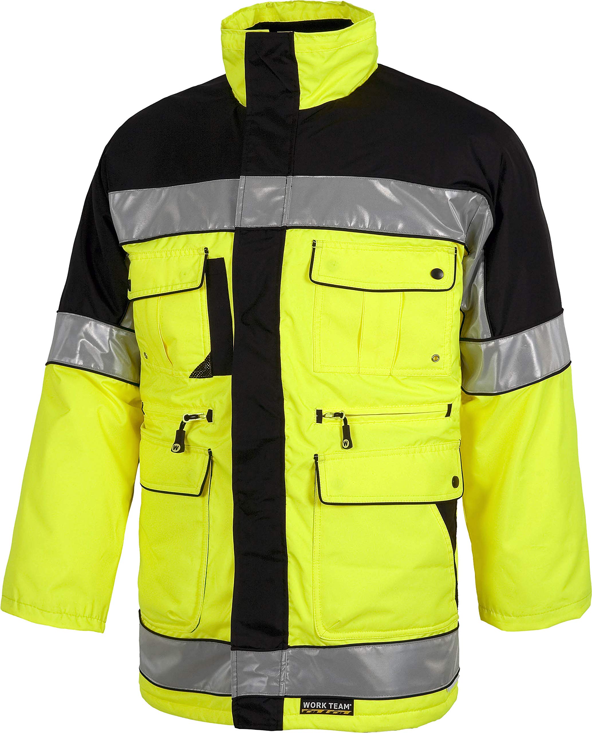Work Team Parka Bicolor, Acolchada, Multibolsillos, con Cintas Reflectantes y Vivos a Contraste. Hombre Negro+Amarillo A.V. XXL