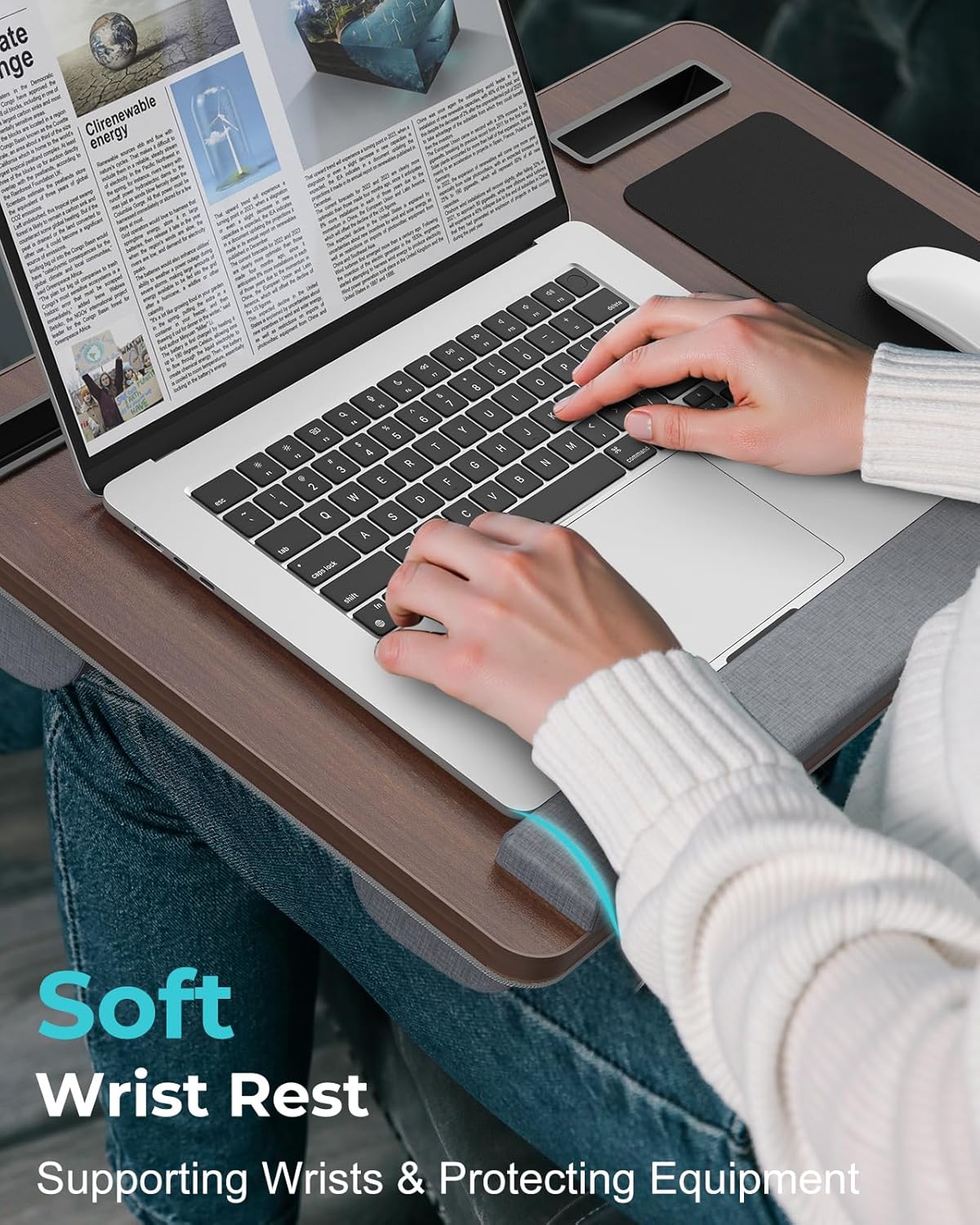 Potuopy Lap Desk - Up to 17” Laptop Tray with Wrist Rest, Portable Handle, Fixed Mouse Pad, Tablet & Phone Slots, Laptop Lap Desk with Cushion (Dark Brown)