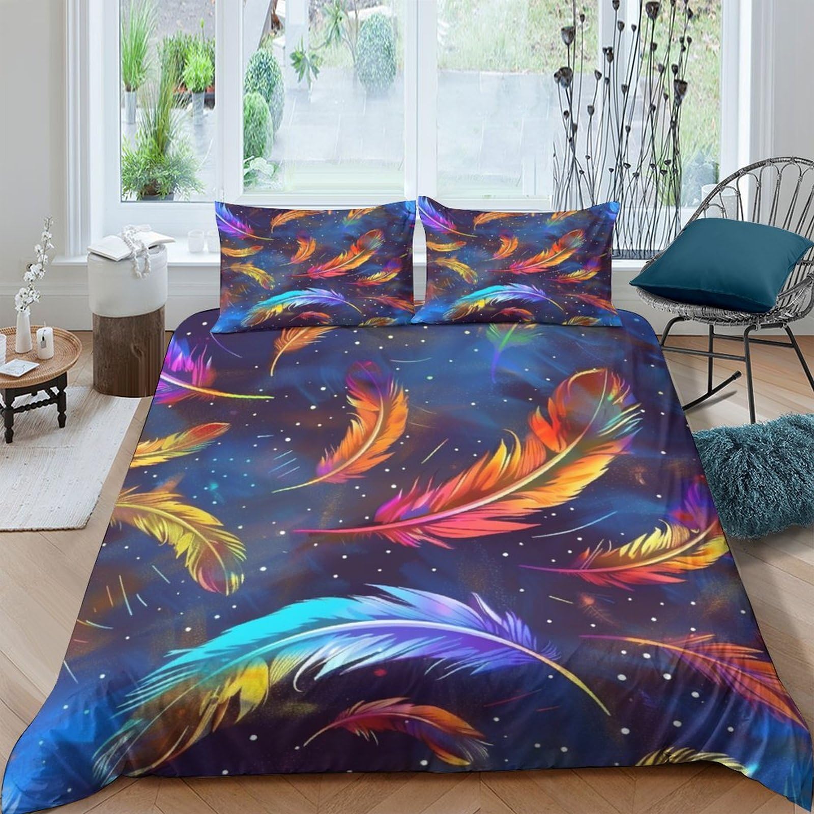 UENDOKRNN Colourful Feathers 3D Printed Duvet Cover Set 3 Pcs Bedding Set,Soft,Pillowcases, Quilt Cover Easy Care Anti-Allergic And Smooth for Kid Teens Boys And Girls Man Double（200x200cm）
