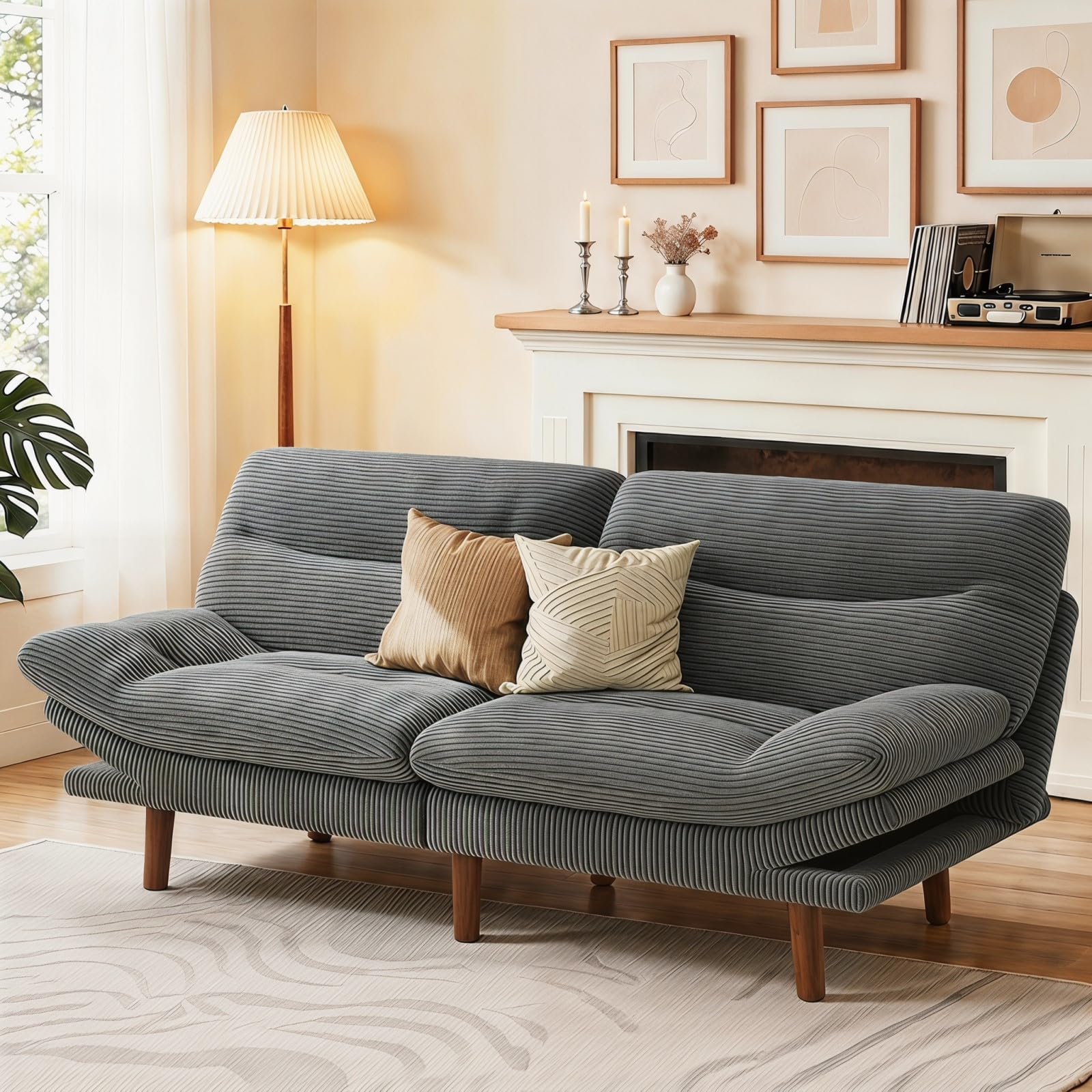 Marsail 66" Futon Sofa Bed, Convertible Corduroy Futon Couch with Adjustable Backrest & Armrests, Small Sleeper Sofa Loveseat for Living Room, Apartment, Office, Light Gray