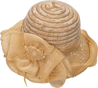 Womens Organza-Kentucky-Hat Church-Derby-Cap - Wide-Brim Cloche-Bucket-Bowler-Hat Wedding-Fascinators with Flower