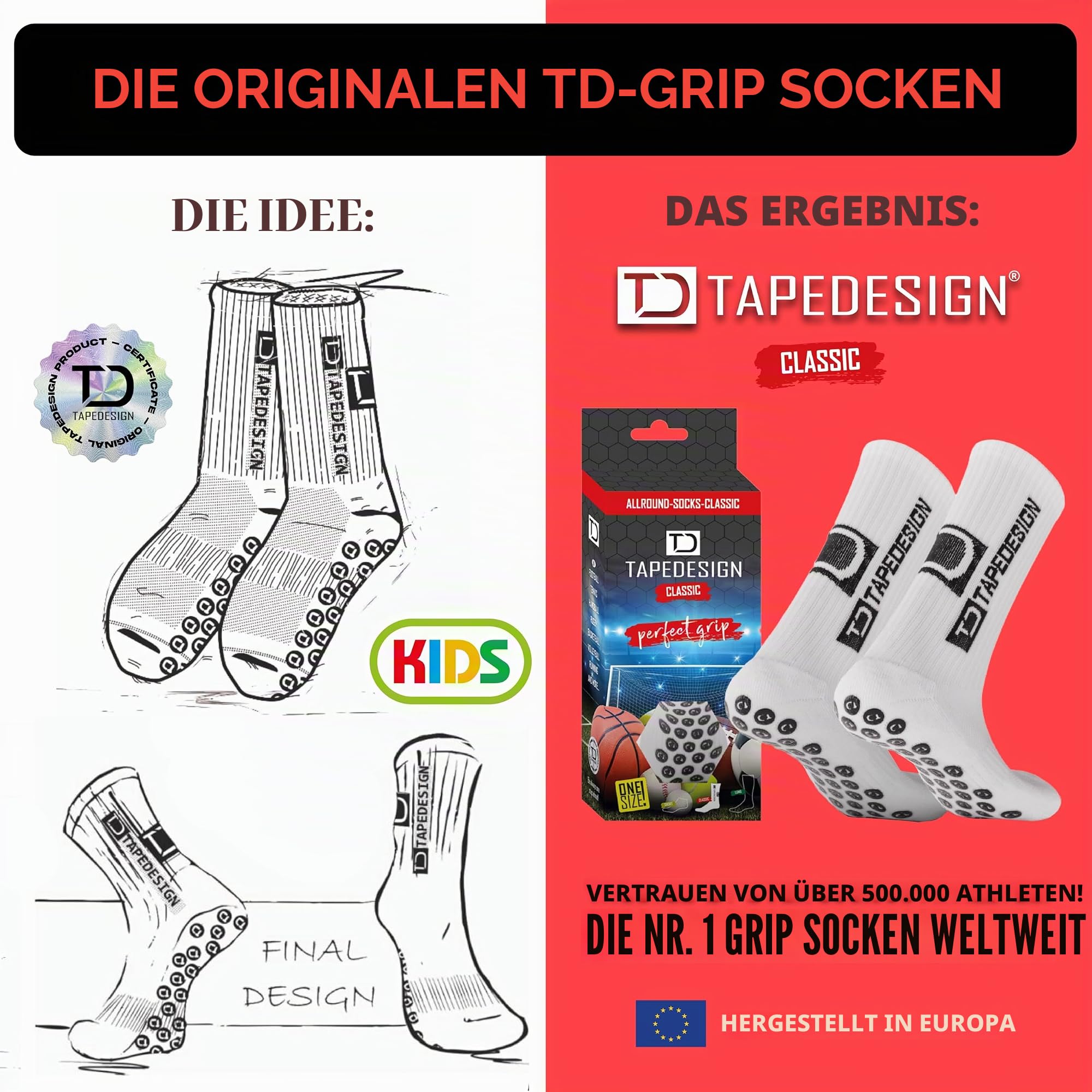 Tapedesign – Doppelpack Allround Socks Kids – 2 Paar rutschfeste Fußballsocken für Kinder – Perfekter Grip & Komfort – Anti-Rutsch-Sportsocken für Training & Spiel
