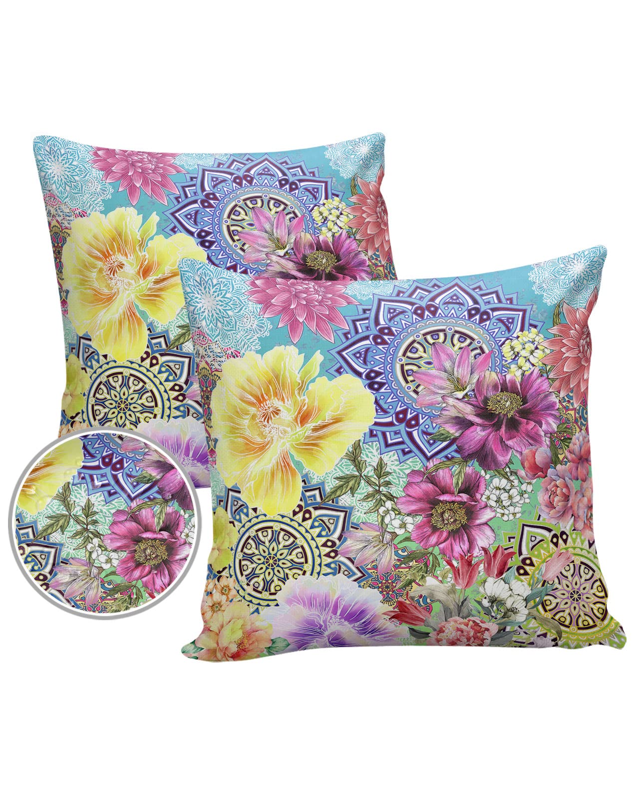 HELLOWINK Outdoor Pillows Waterproof Pillow Covers Set of 2 Bohemian Mandala Polyester Throw Pillow Covers Garden Cushion Case for Patio Funiture Sofa Decoration 20x20inch Ethnic Pattern Flower Peony