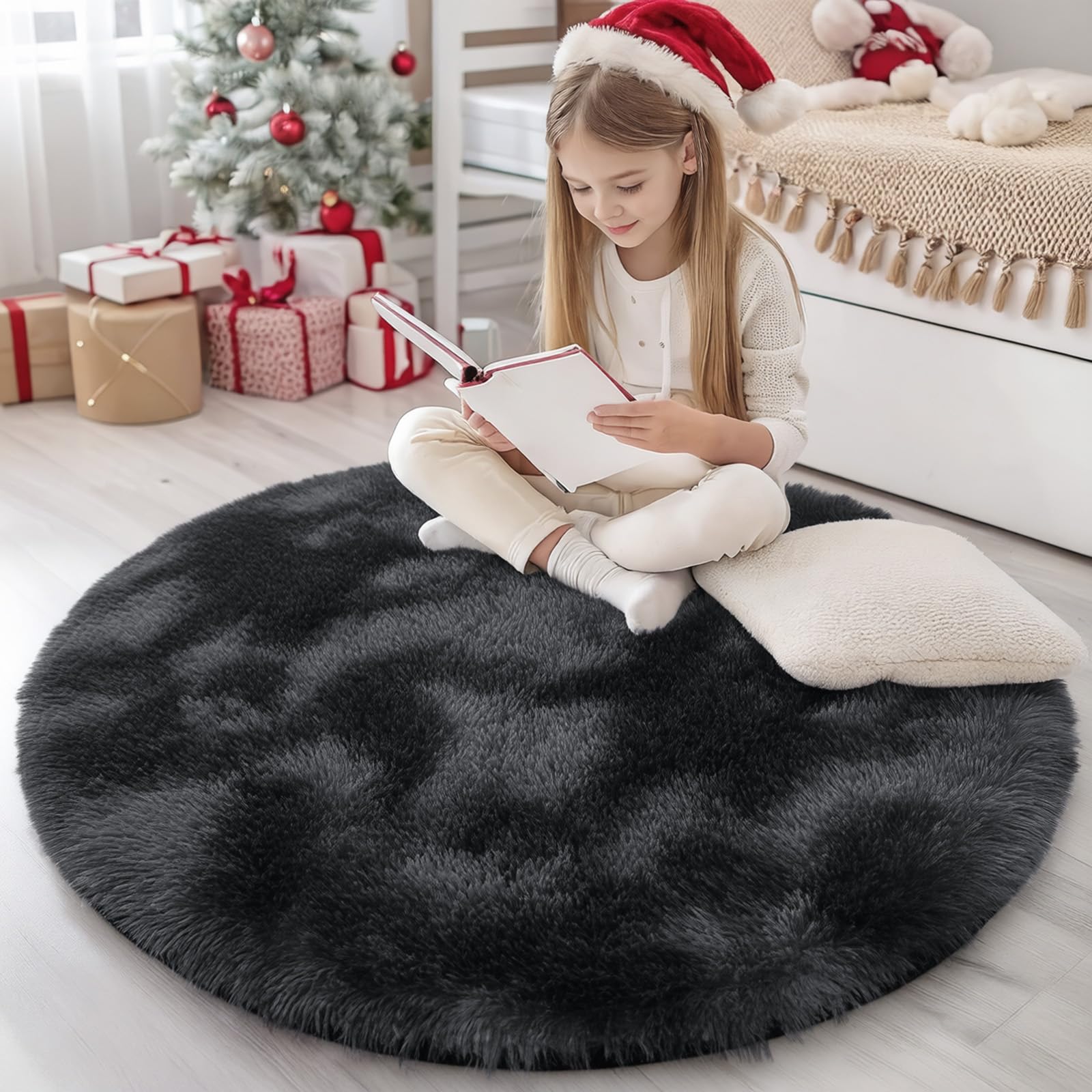 Homaxy Fluffy Tie Dye Small Rugs Living Room 120 cm Round, Black