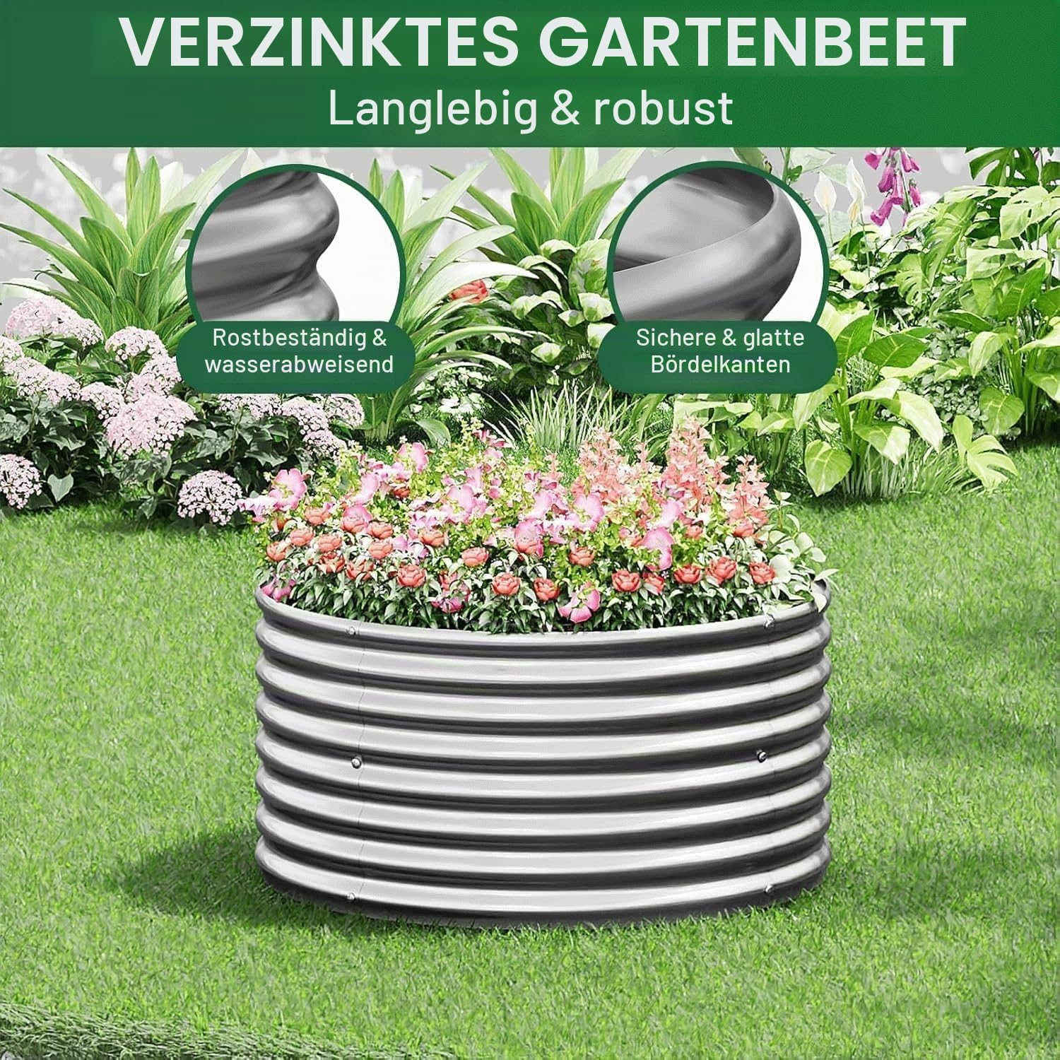 Pflanzkübel 4er-Set 90 x 90 cm rundes verzinktes Hochbeet für den Außenbereich, Metall-Hochbeet für Gemüse, Stahl-Hochbeete für den Garten, oberirdisches Gartenbeet für Blumen