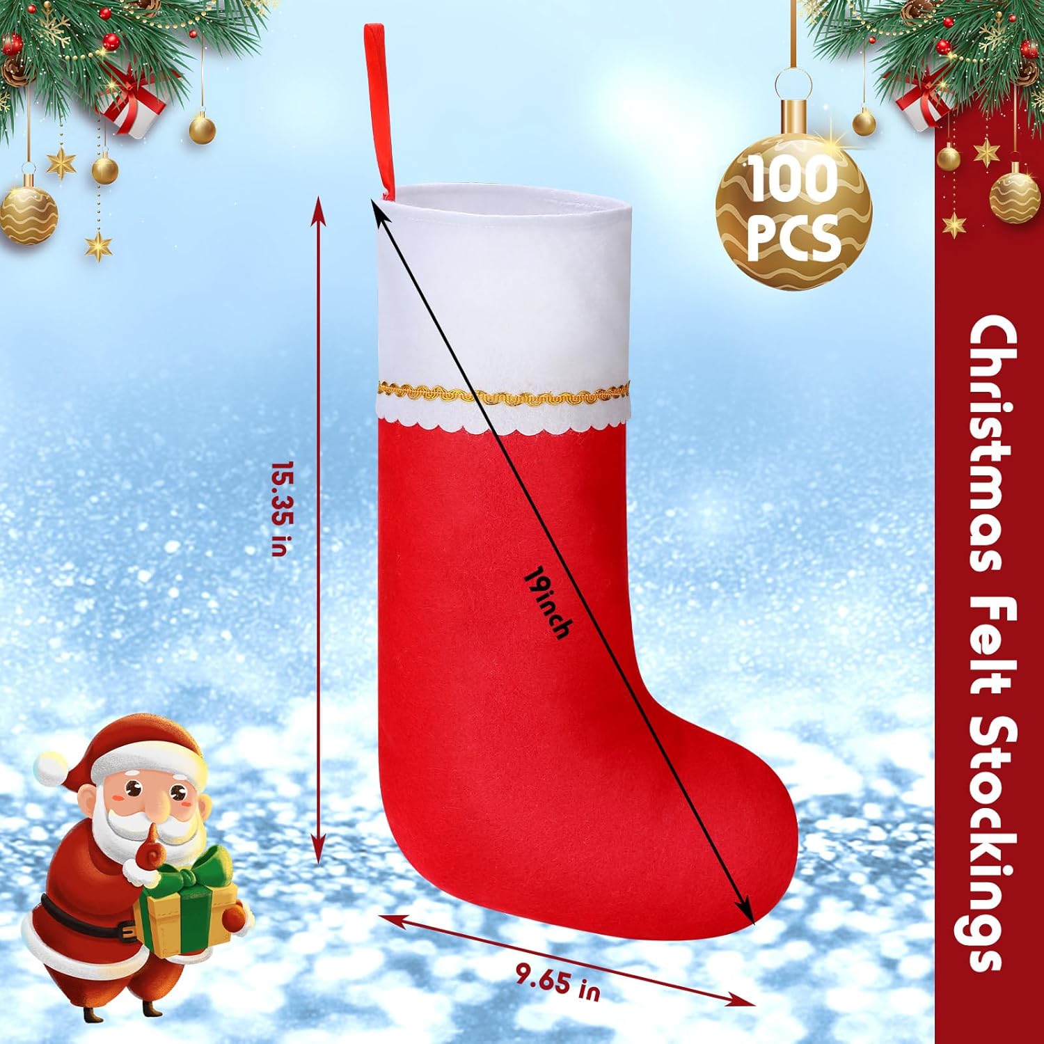 100 Pcs Felt Christmas Stockings Bulk 19 Inch Red Xmas Hanging Stockings Ornament with Plush Cuff Stocking Gift Treat Holder Bags for Xmas Fireplace Christmas Tree Decor Party Favor