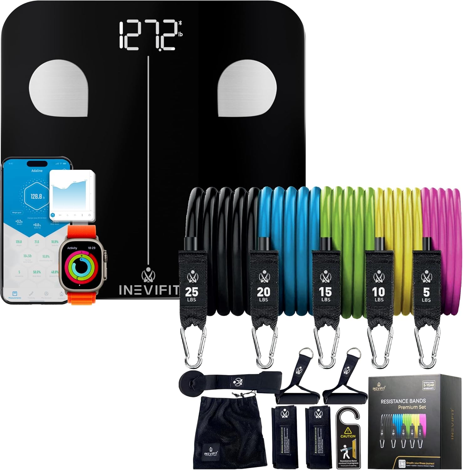 INEVIFIT Strength & Wellness Bundle - Smart Body Fat Scale & 150 LBS Resistance Band Set for Home Workouts
