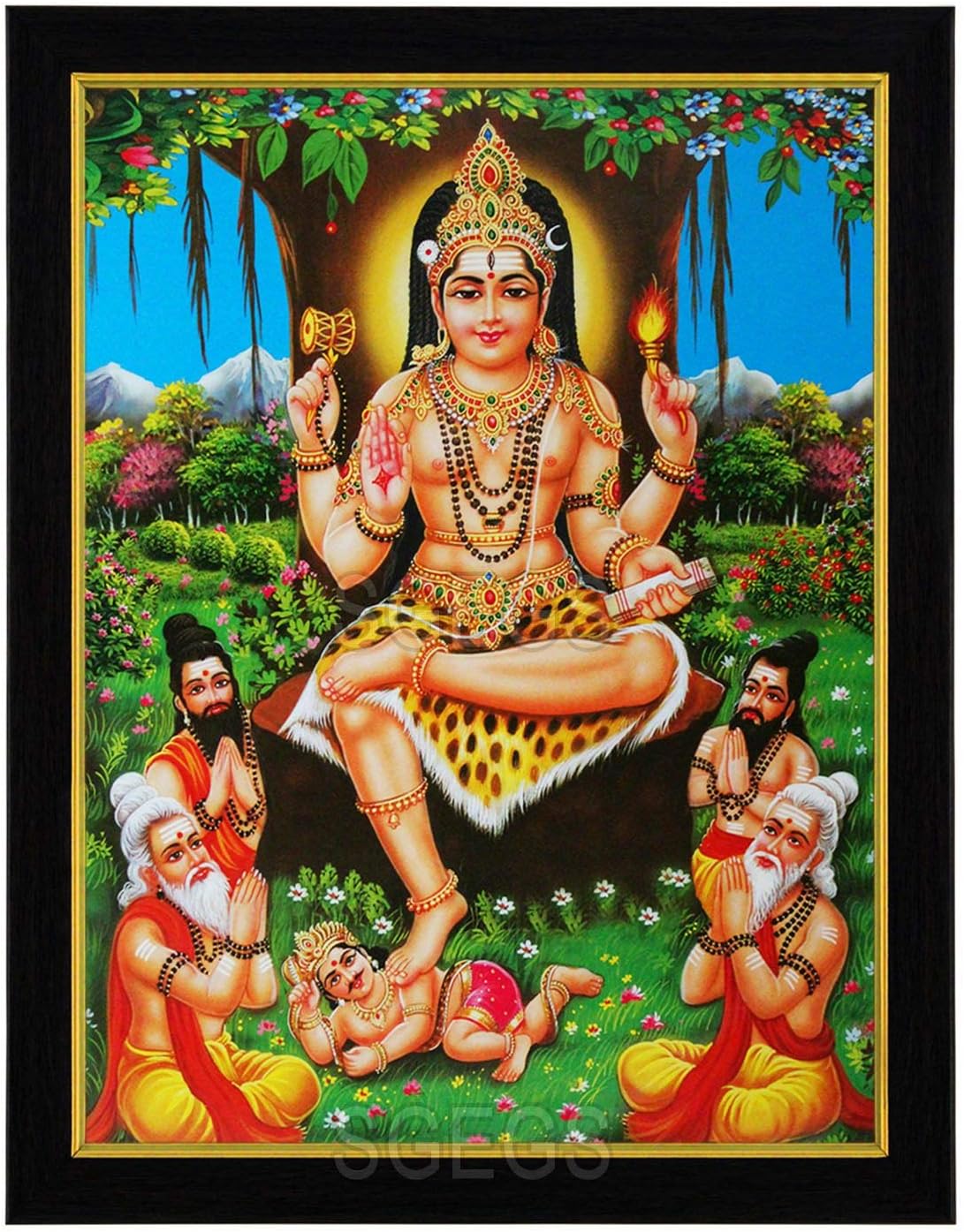 Wooden God Dakshinamurthy HD Photo and Ganesh Photo Frame with Mantra Poster for Pooja, Wall Hanging (Multicolour, 24.5X1x31cm)