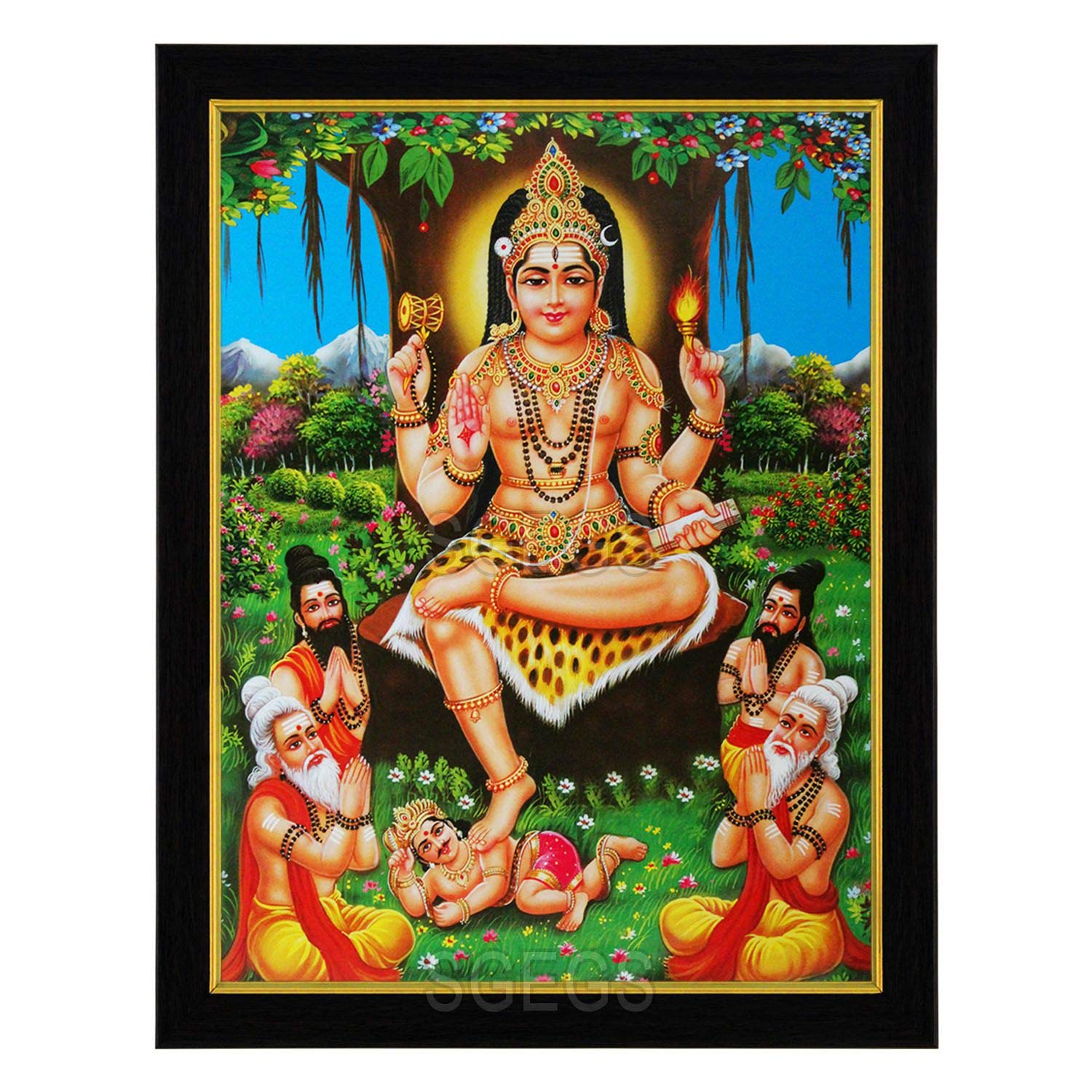 SHREE GANESH ENTERPRISE GIFTING SOLUTIONS Wooden God Dakshinamurthy HD Photo and Ganesh Photo Frame with Mantra Poster for Pooja, Wall Hanging (Multicolour, 24.5X1x31cm)