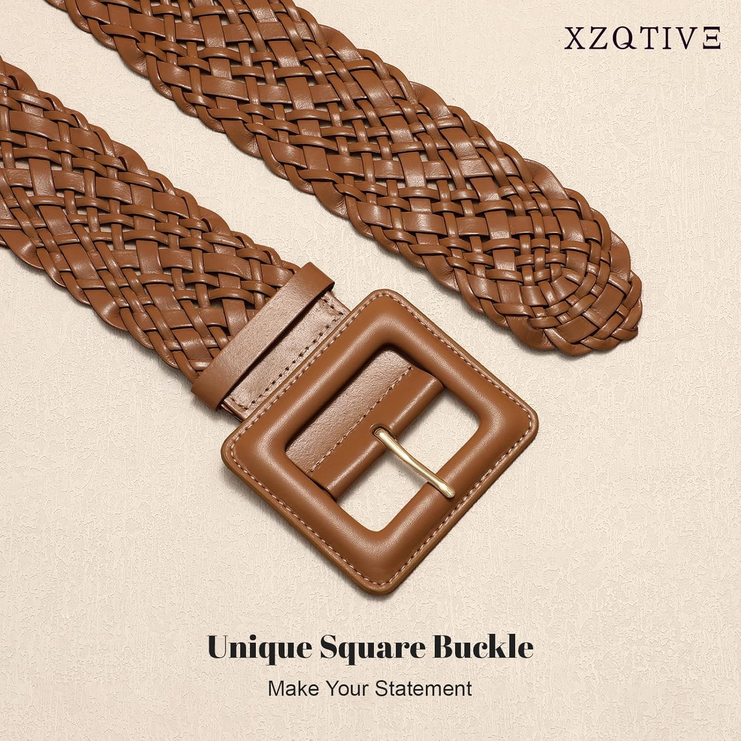 XZQTIVE Women Wide Belt for Dresses Fashion Thick Braided Leather Belts with Square Buckle, Woven Waistband for Ladies - Image 5