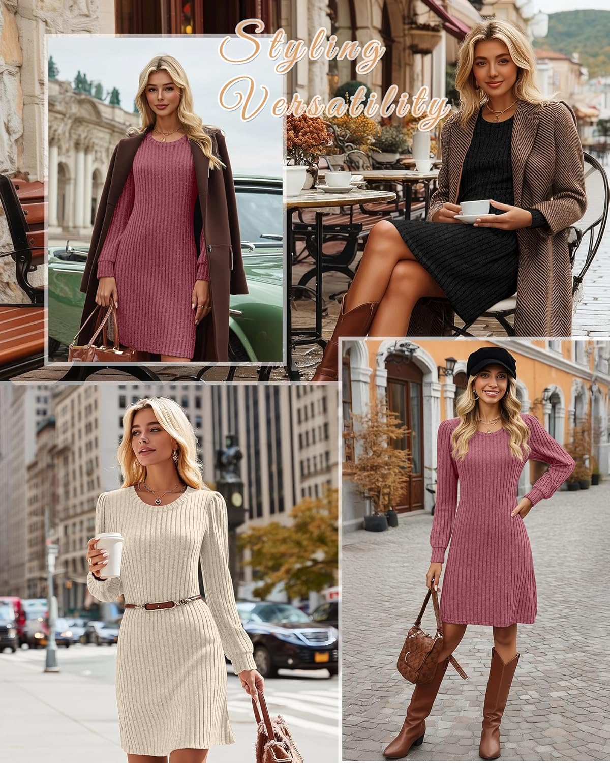3 Pack Women's Long Sleeve Sweater Dress Ribbed Knit Crew Neck Tunic Dresses 2025 Fall Casual Trendy Outfits - Image 2