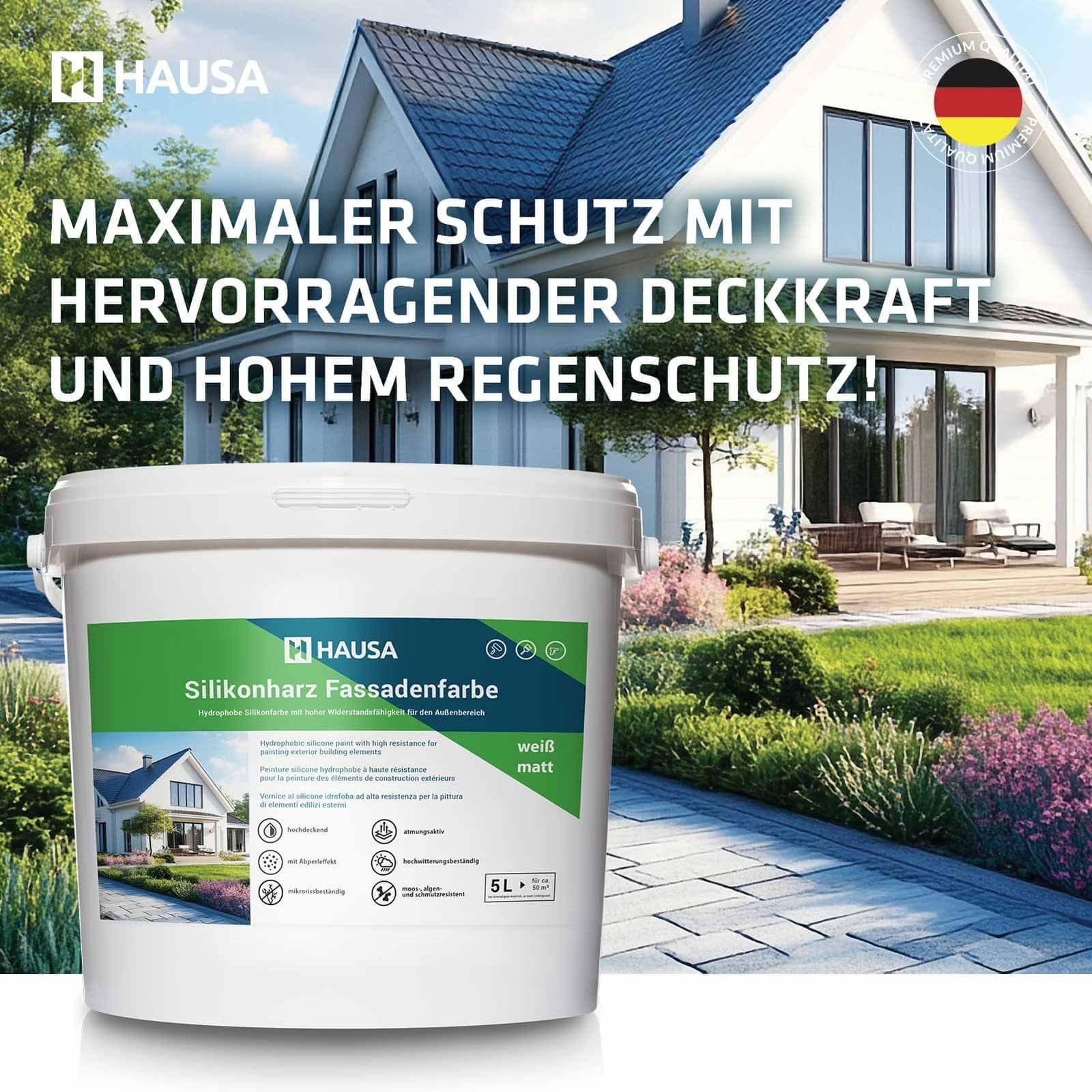 Hausa Fassadenfarbe weiß matt 5L Silikonharz Fassaden Farbe hochdeckende hydrophobe Außenfarbe mit Abperleffekt für alle Außenputze, Beton, Zement, Mauerwerk, Ziegel, witterungsbeständig atmungsaktiv