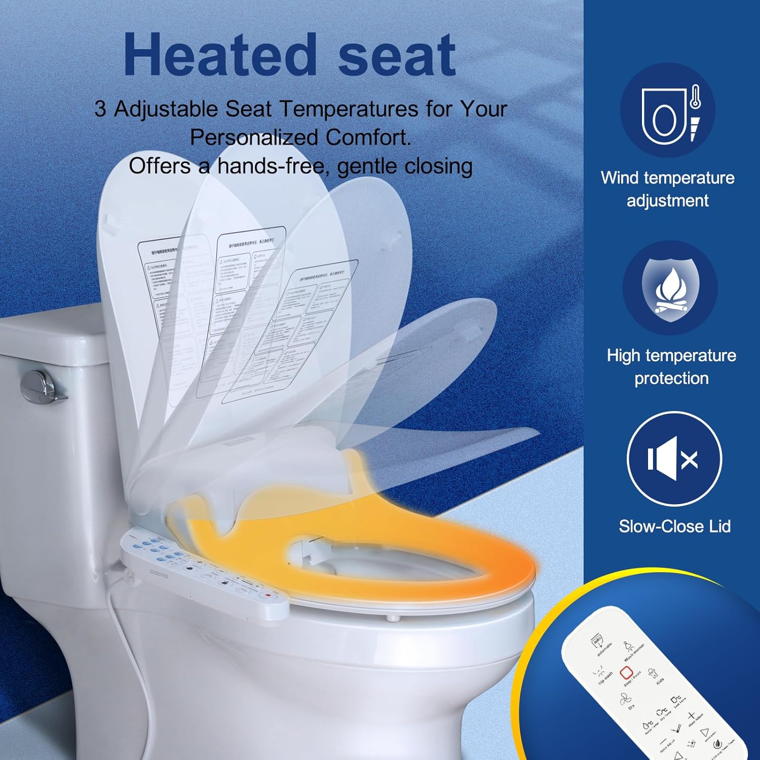 KERDE 08 Smart Electric Bidet Toilet Seat with Warm Air Dryer​ Heated Adjustable Warm Water Seat Temperature Self-Cleaning Nozzle Easy Installation for Most Toilets Elongated (Remote+Armrest)