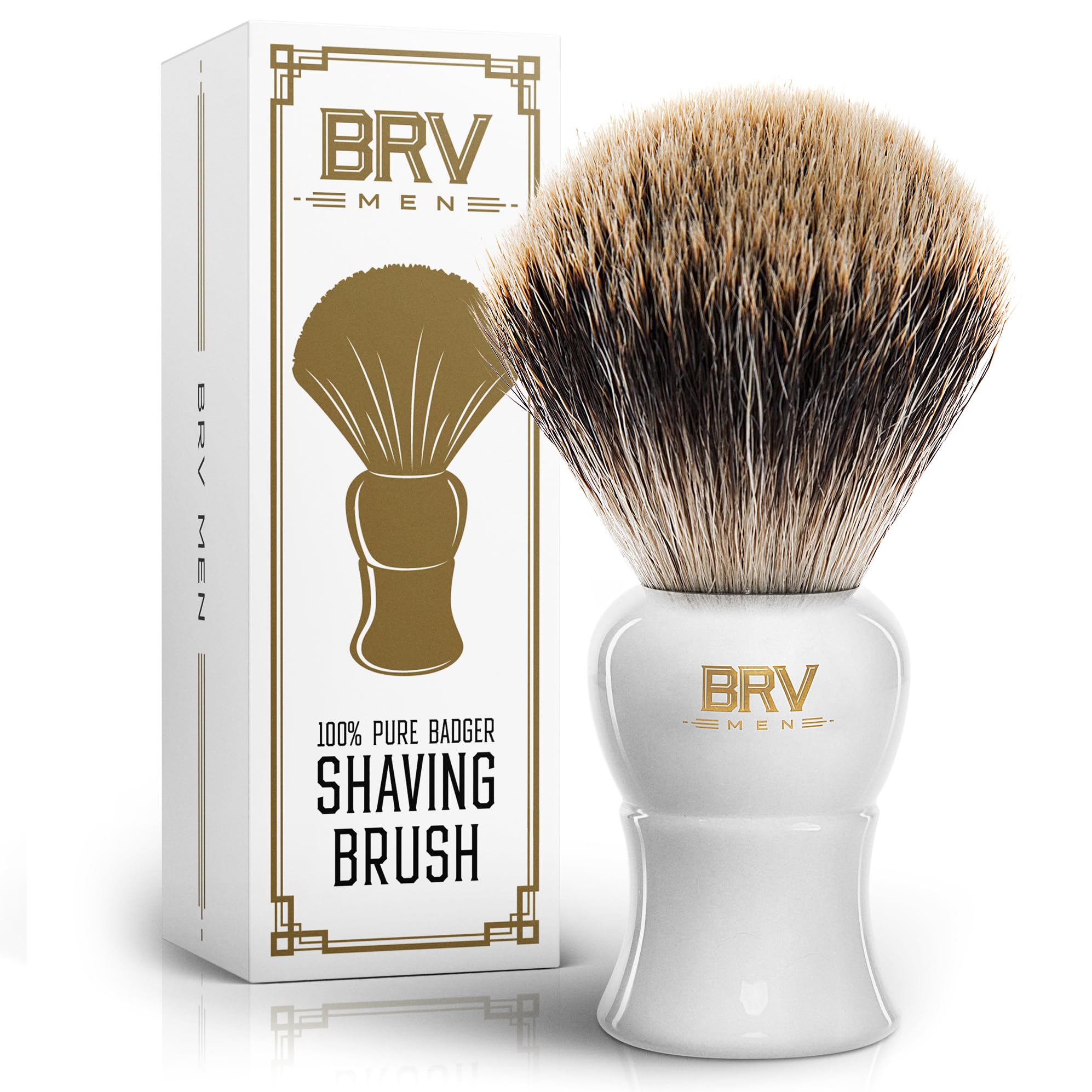 BRV MEN Pure Badger Shaving Brush (19mm knots) - Heavy Resin Handle - Use with Double-Edge Safety Razor, Straight Razor and Shaving Bowl (White)