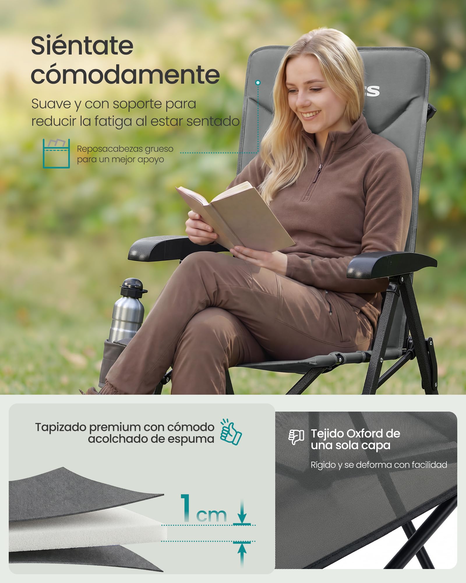 SONGMICS Silla de Camping para Adultos, Reclinable 95°-150°, Plegable, Respaldo Alto Ajustable, con Portavasos y Bolsa con Correa para el Hombro, Jardín, Pícnic, Pesca, Gris GCB015GZ01 — view 4