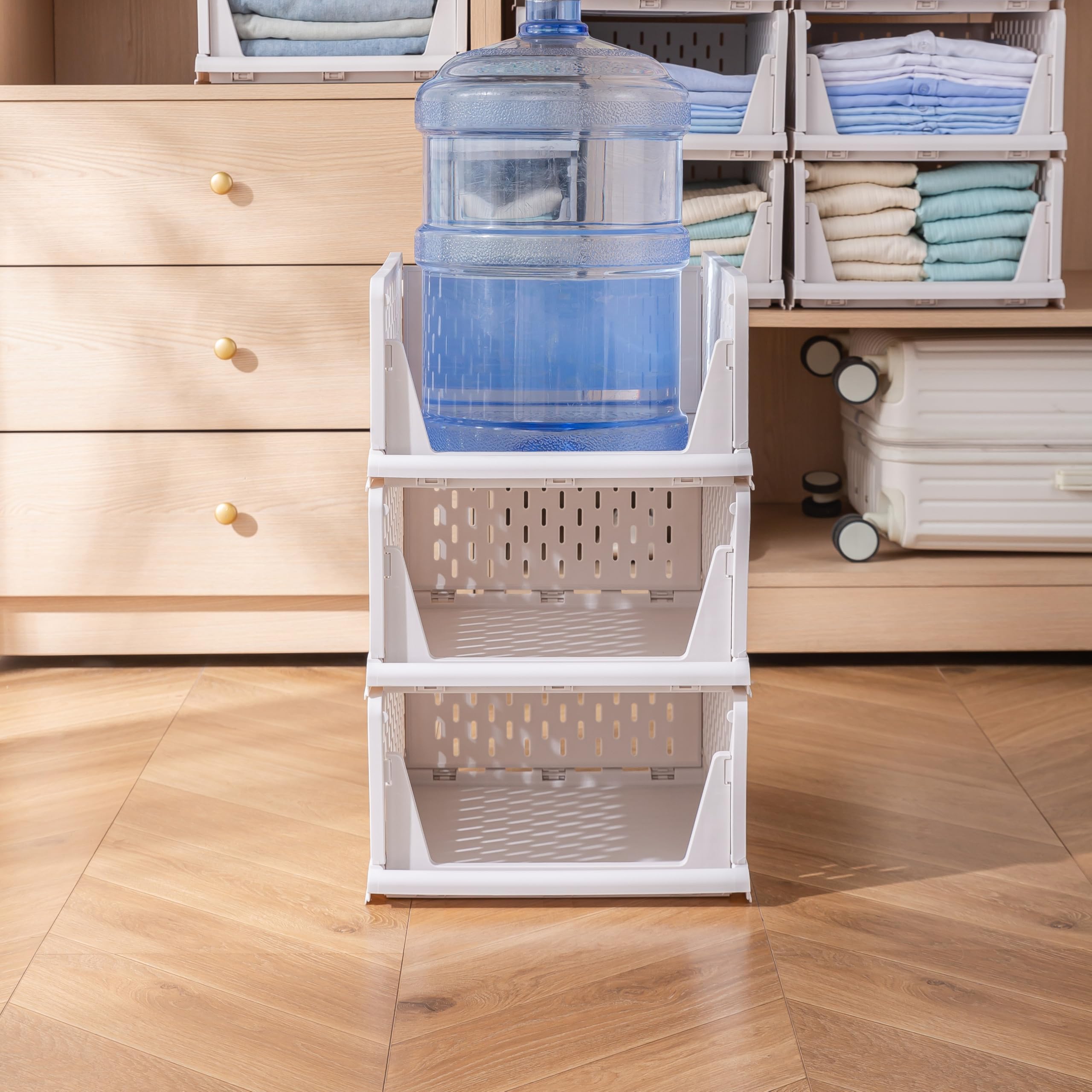 Deuline 10 x Schrank-Organizer klappbar, Kleiderschrank-Organizer stapelbar, ausziehbarer Korb, Aufbewahrung und Organisation, Kunststoff, Schlafzimmer, Büro, Badezimmer, Weiß 521161