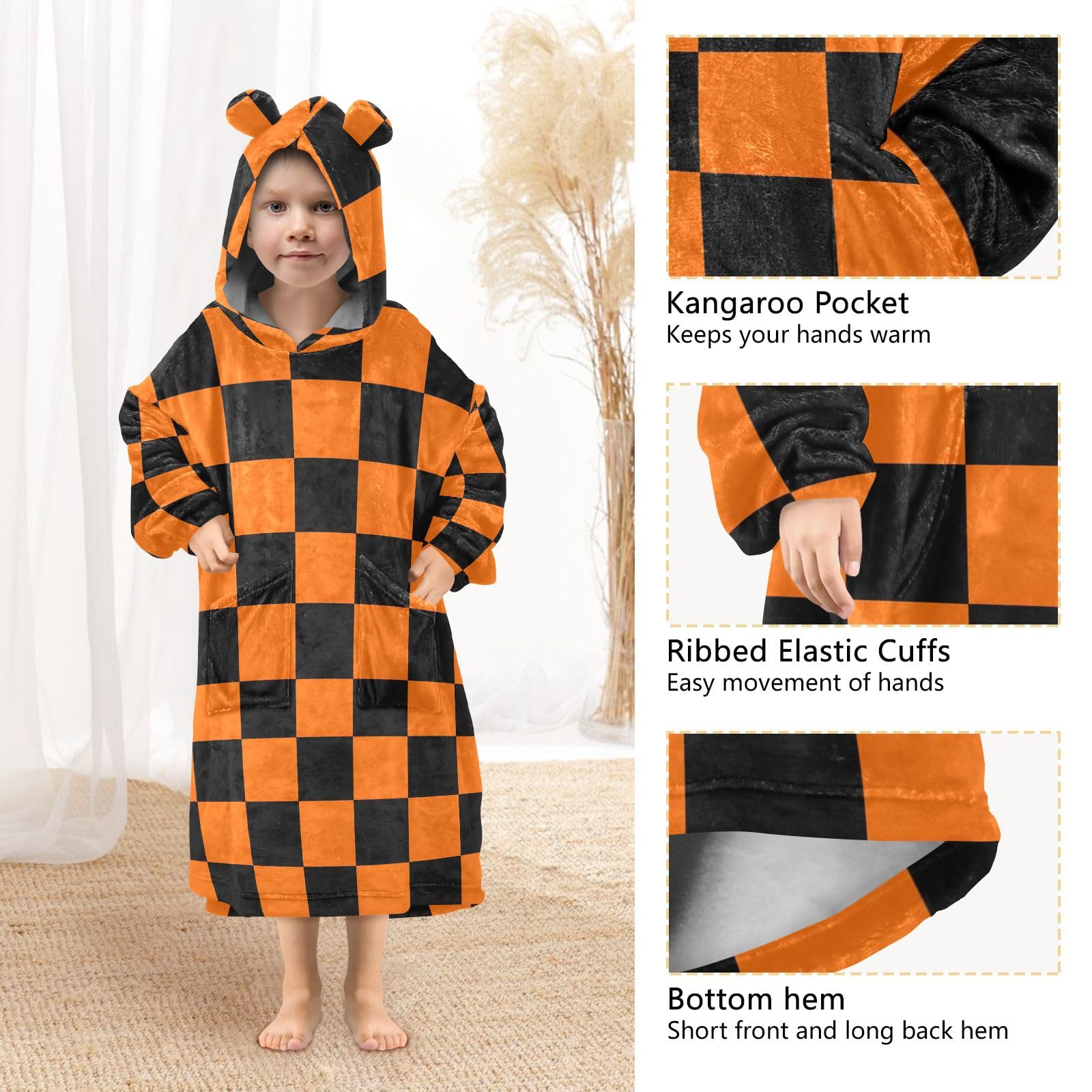 Morgenmantel mit Kapuze für Kinder, weich, Flanell, Morgenmantel mit Ohren und Taschen, warme Nachtwäsche für Kleinkinder, Jungen, Mädchen, Orange / Schwarz