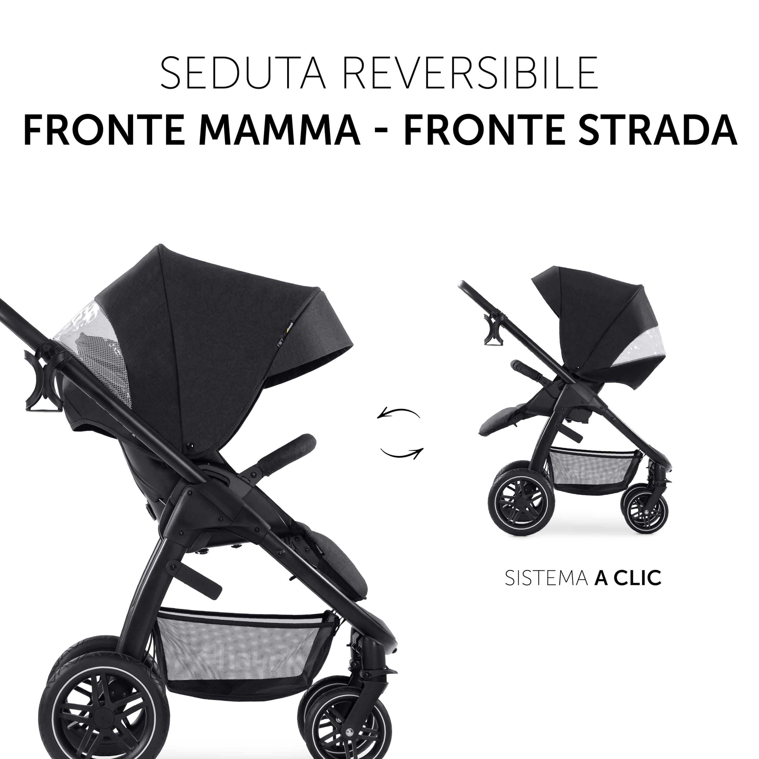 hauck Passeggino Set 3 in 1 Saturn R - Con Ovetto Neonato, Navicella Neonato e Seduta Reclinabile - Dalla Nascita Fino a 22 kg, Pieghevole - Melange Nero