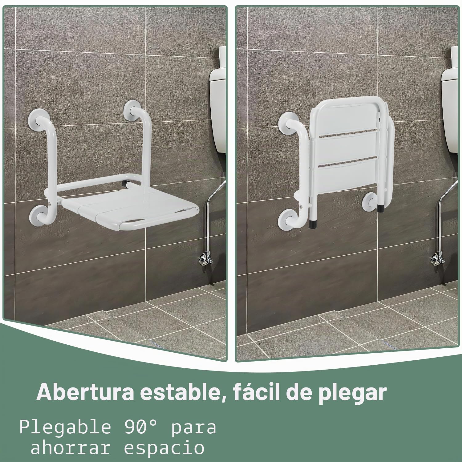 Asiento de ducha plegable de pared con reposabrazos, asiento plegable de 120 kg, taburete de ducha plegable de pared, silla de ducha para personas mayores, color blanco