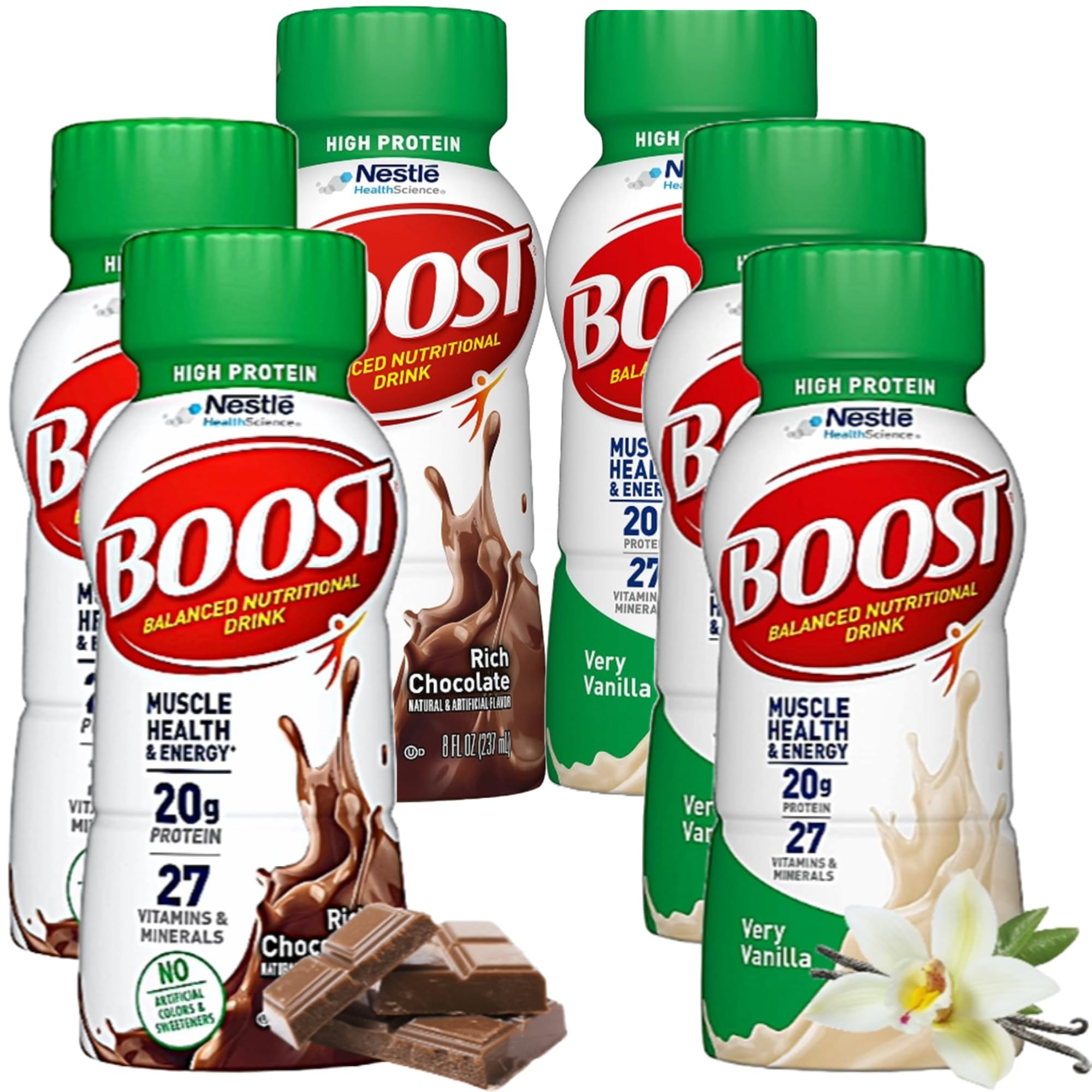 Boost Balanced Nutritional Shake Variety | High Protein | Chocolate, Strawberry, Vanilla Flavors | 20g Protein, 27 Vitamins & Minerals | 8 Fl Oz Bottle In BETRULIGHT Value Pack of 6 (Variety)