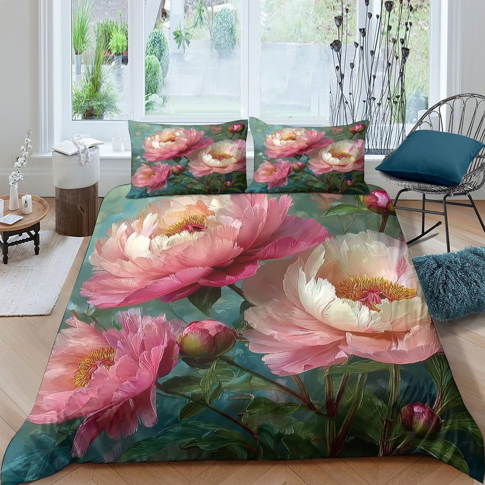 Ctjqhvkz Style-7 3D Printed Pink Peony Fitted Sheet Microfiber Soft Floral Bed Sheet For Bedroom Decor Mattress Cover Single（135X200cm）