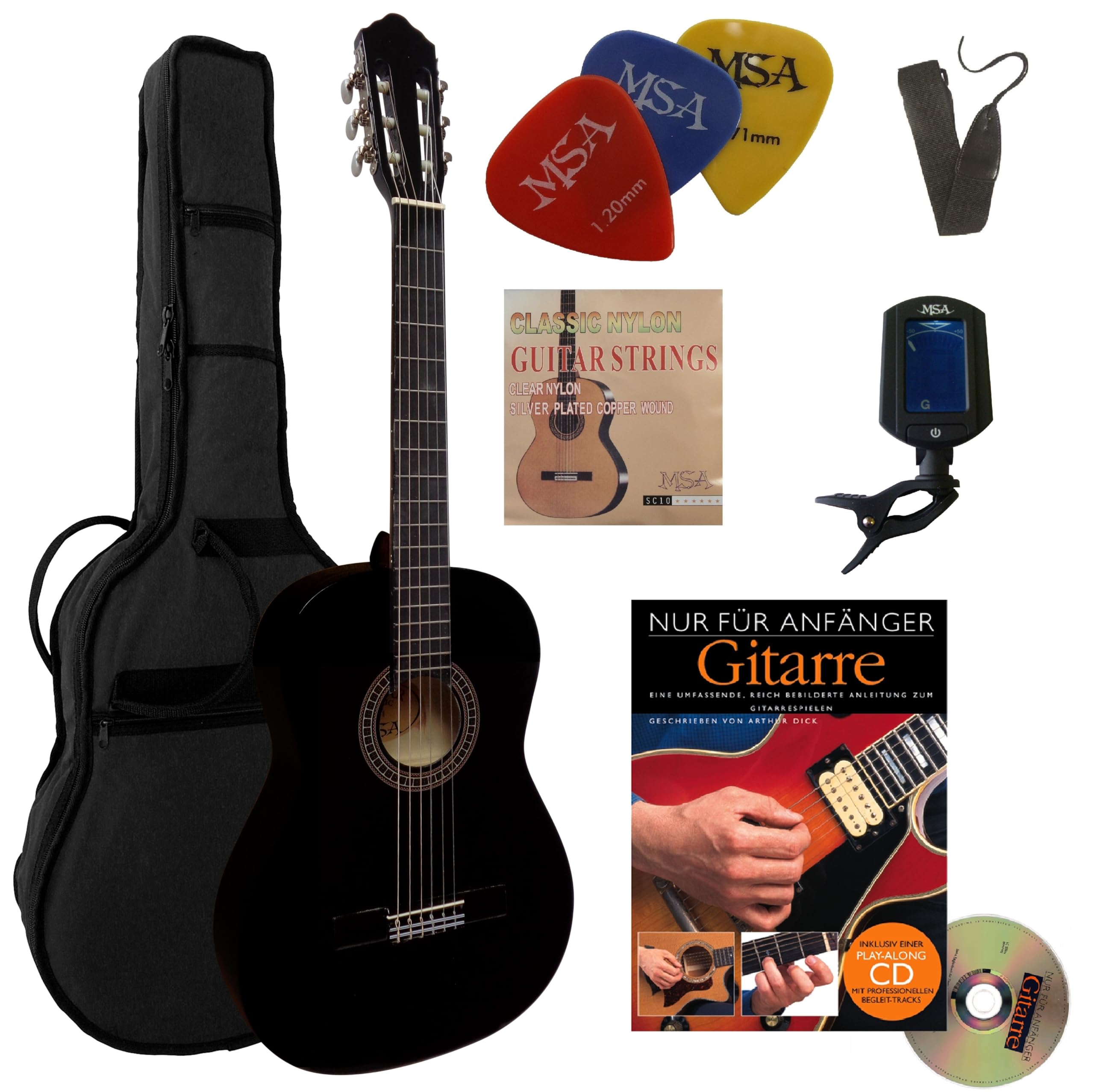 4/4 Gitarre - Konzertgitarre Start Set mit Schulbuch - Classic schwarz black - Lindenholz - Stimmgerät - Tasche - Band - Nylonsaiten - 3xPiks, Buch