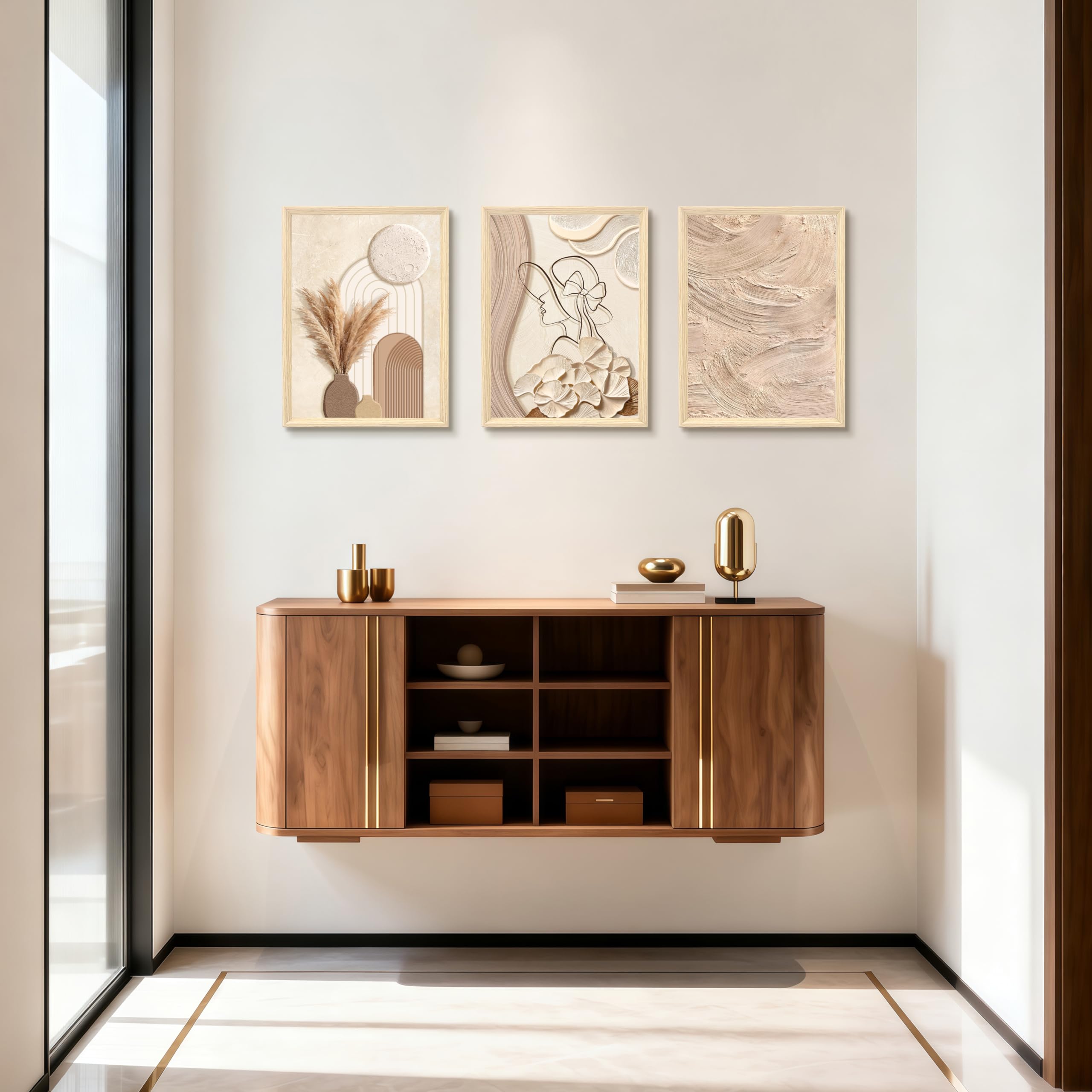 3Pcs Cadre en bois Impression sur Toile Beige Clair et Crème Tableau Silhouette Féminine Peinture Motif Abstrait Neutre Tableau Decoration Murale Salon Chambre Maison 30x40cm x3 (Pas de plexiglas)