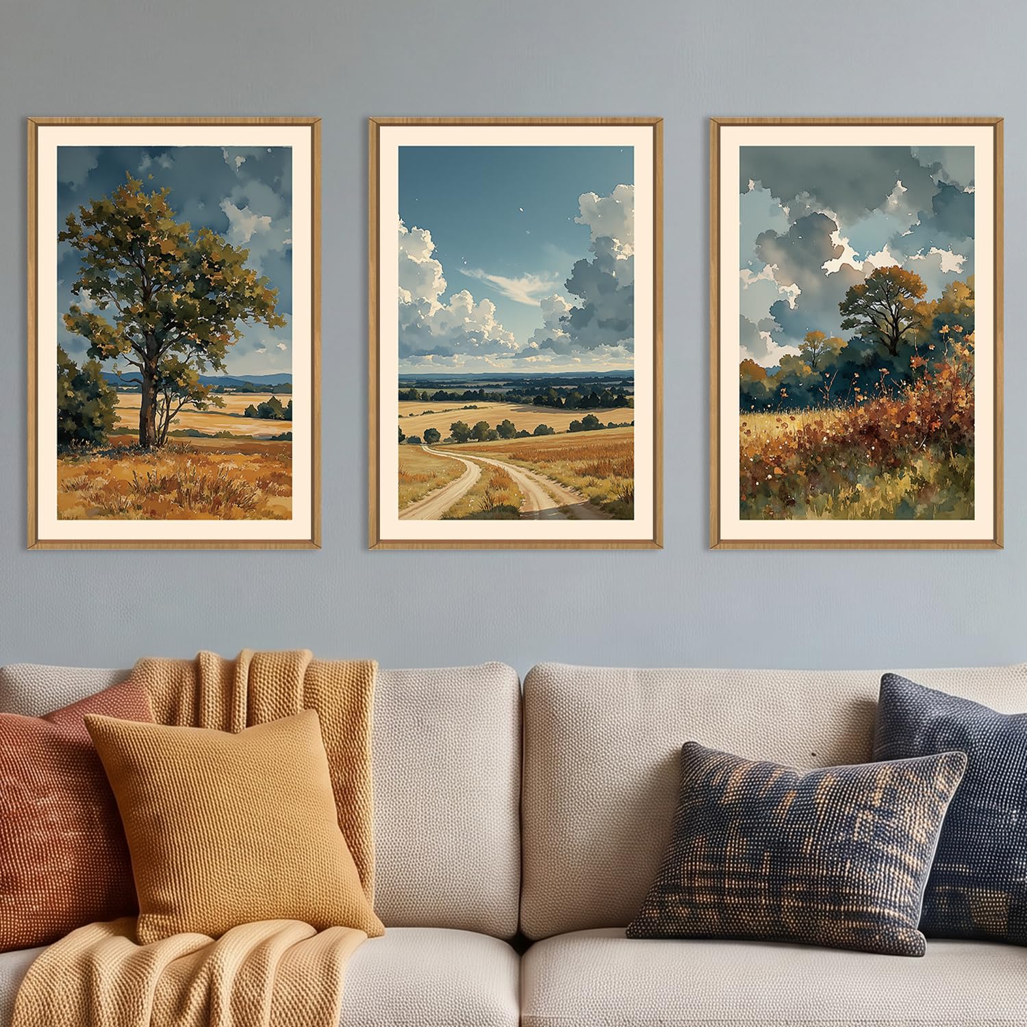 KAIRNE Vintage Country Landscape Framed Canvas Wall Art,Watercolor Pastoral Tree Wall Decor,Neutral Fall Scenery Art Prints,Retro Field Wilderness Artwork for Living Room,Bedroom,Farmhouse-24 x36 x3