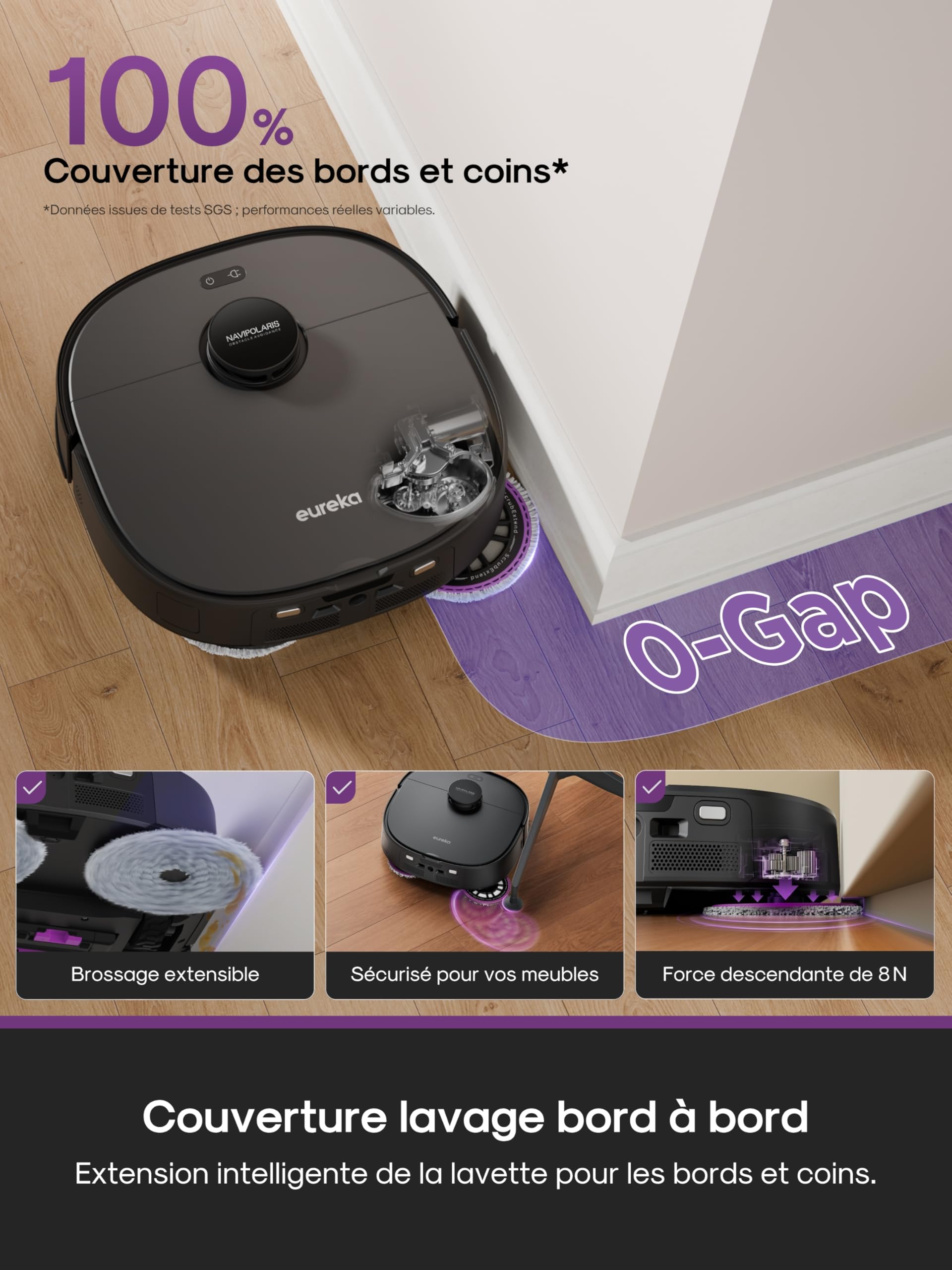 Eureka Robot Aspirateur Laveur, Station Tout-en-Un autonettoyante, Aspiration 22000 Pa, serpillière Extensible Anti-emmêlement, brosses Principale et latérale DragonClaw, Noir, J15 Evo Ultra