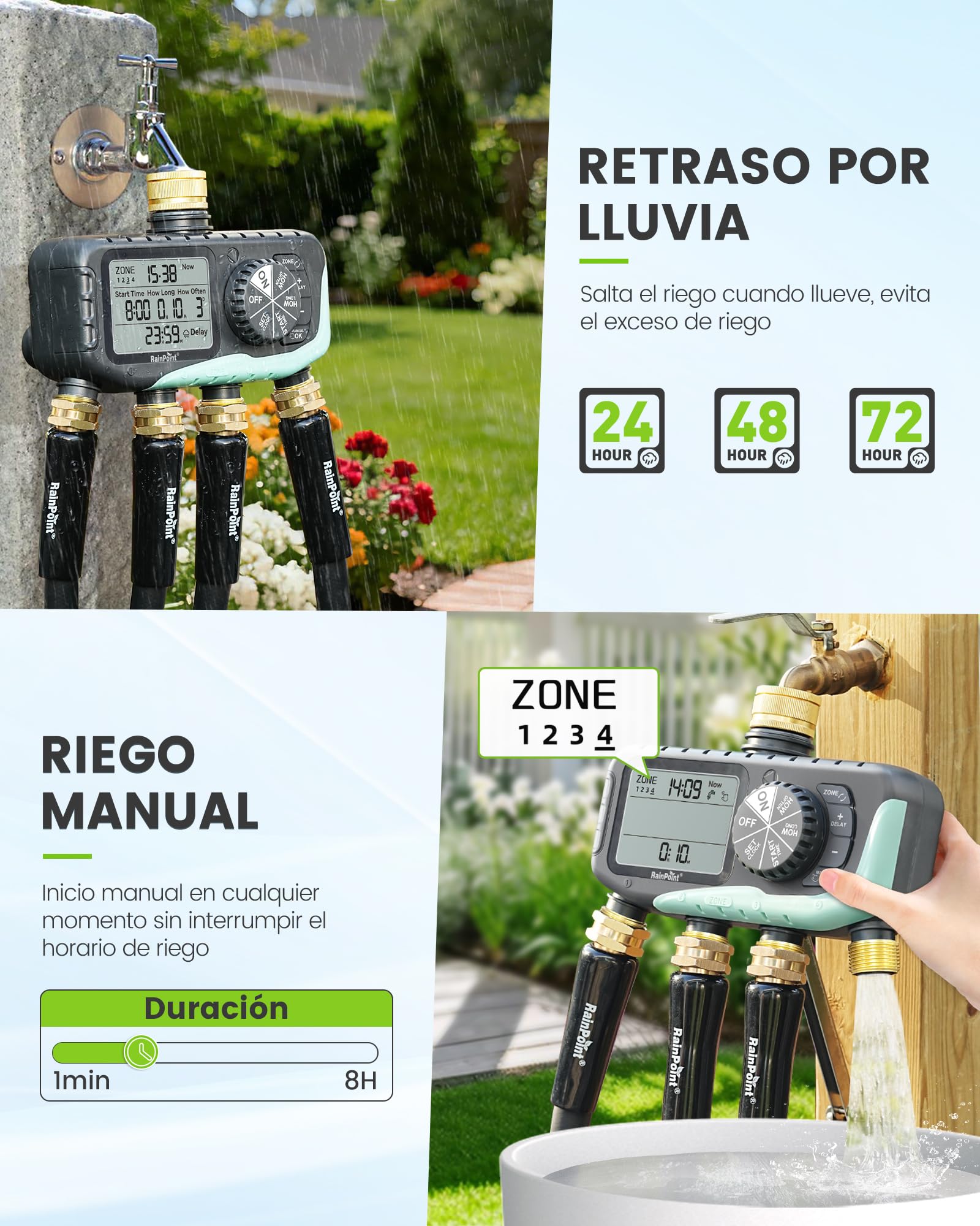 RAINPOINT Programador Riego 4 Salidas, Entrada y Salida de Latón, Impermeable IP65, Temporizador de Riego Automático con Retardo de Lluvia/Riego Manual, para Invernadero, Césped y Jardín