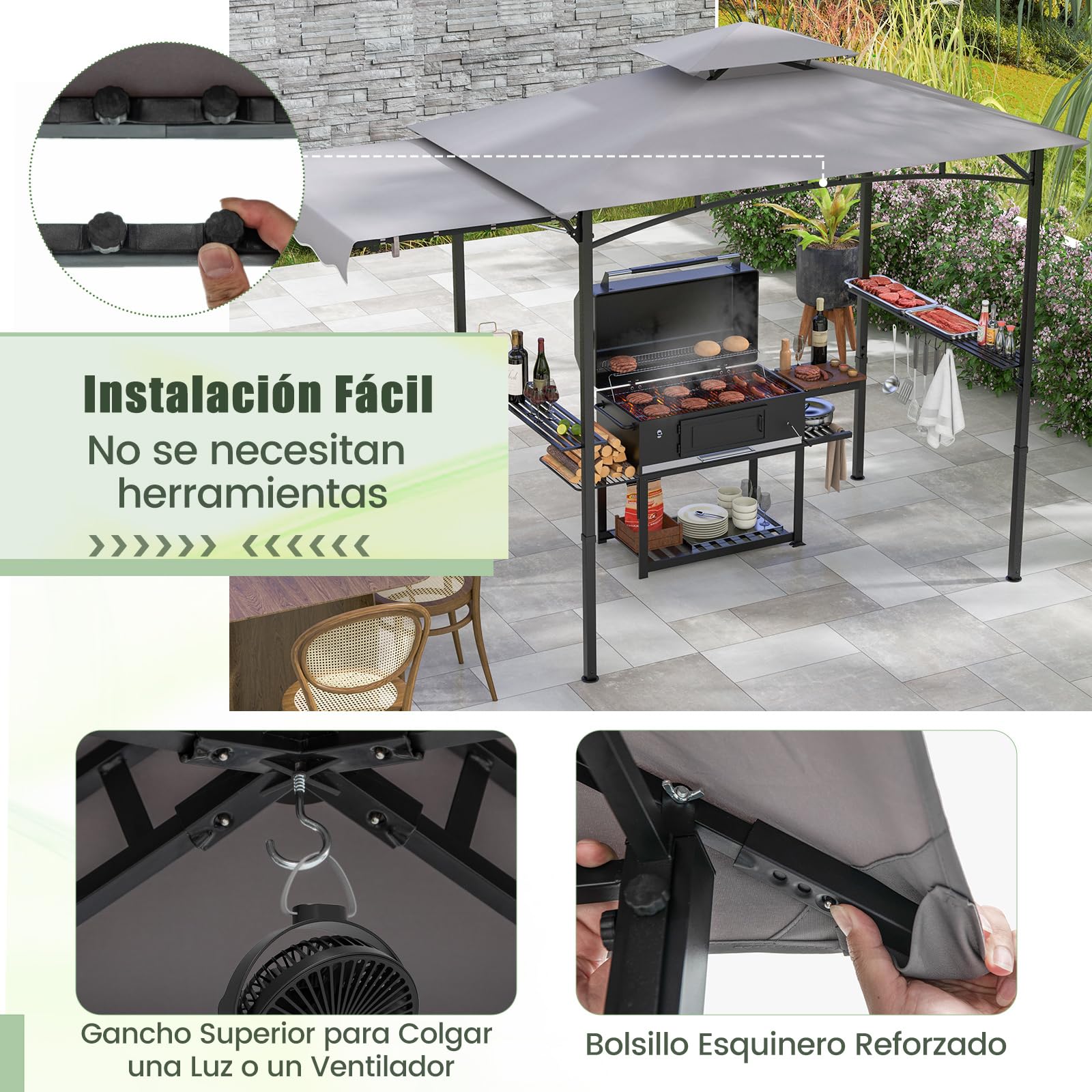 COSTWAY Cenador de Barbacoa 318 X 153 Cm, Techo Lateral, Carpa Barbacoa 2 Estantes Laterales y Parte Superior de 2 Niveles, Estructura Metal, Pergolas de Jardin Exterior (Gris)