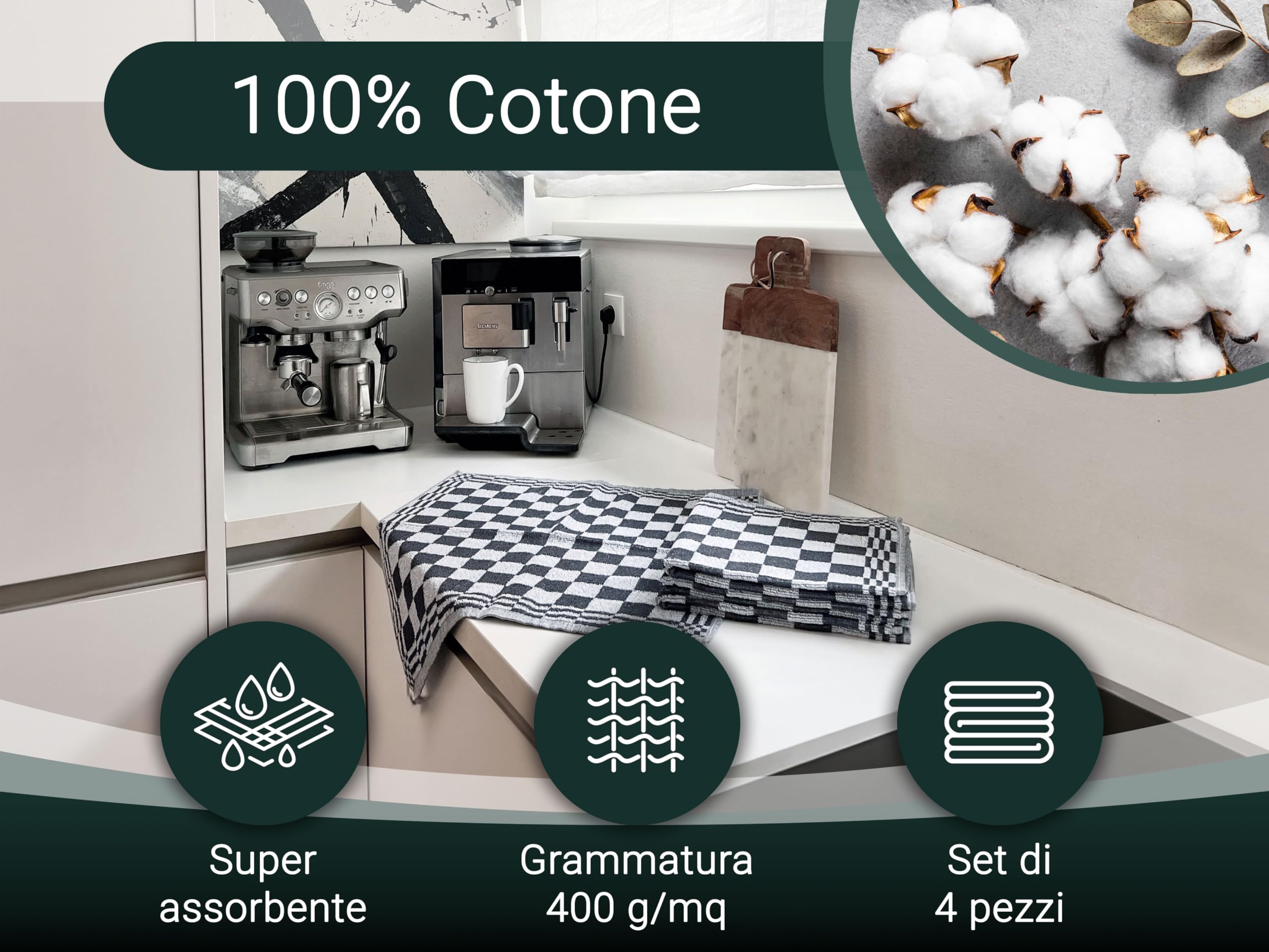 ZOLLNER 4 strofinacci in cotone 50x50 cm - canovacci assorbenti e resistenti - lavabili a 60°C - a quadretti grigi e bianchi - qualità gastronomica - certificato OEKO TEX (R)