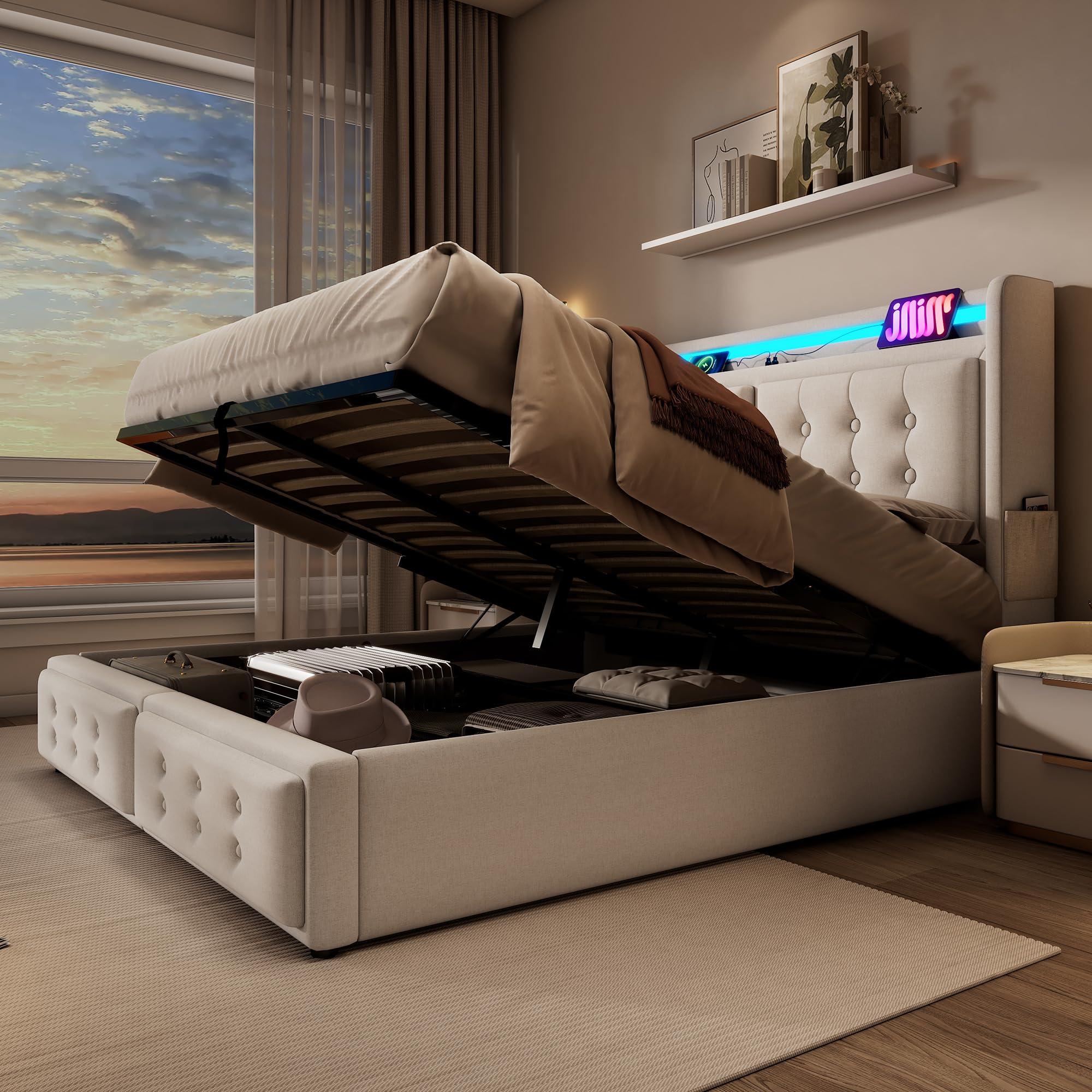 Polsterbett 90x200 Mit LED & USB - Hydraulisches Stauraumbett In Beige