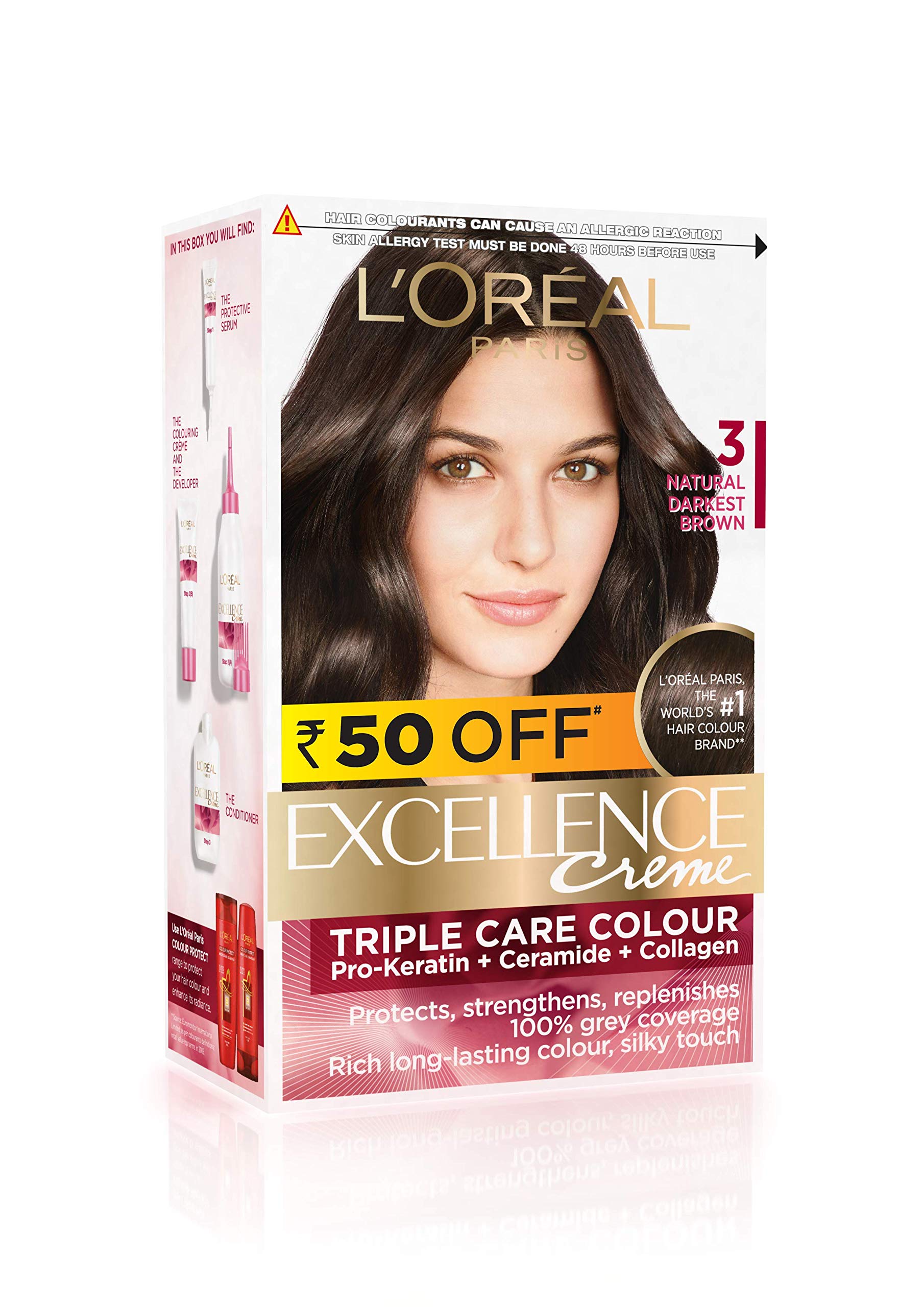 L'Oreal Paris Excellence Creme Hair Color, 3 Natural Darkest Brown, (72ml+100g)-picture-43