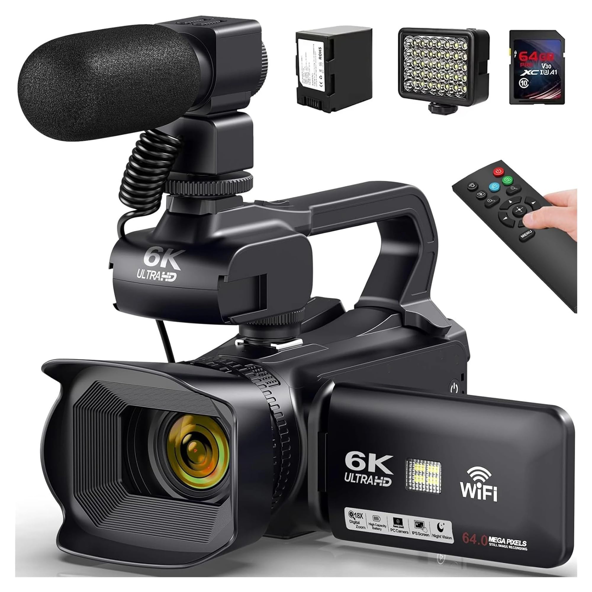 Videocamere Professionali Ultra HD 6K for la Fotografia, videocamere con Zoom Digitale 18X for Streaming Live, registratore for vlog da 64 MP(with Mic)