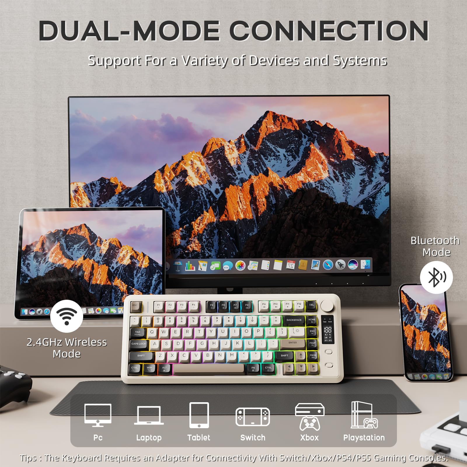 ZIYOU LANG M75 82-Klawiszowa Bezprzewodowa Klawiatura Membranowa,Inteligentny Wyświetlacz i Pokrętło,Tryb Podwójny BT/2,4 GHz,Nakładki na Klawisze PBT,Podświetlenie Tęczowe (Serowy)