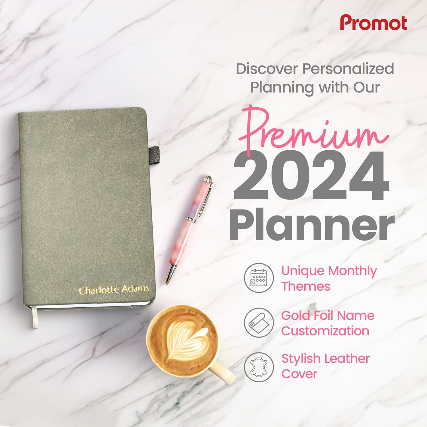 Promot Weekly Monthly Planner 2024 - Journal with Premade Designs, Budget, Mood, Sleep Tracker, Self Care, Productivity, Affirmation, Aesthetic Notebook - Custom Embossed Gold Text, Large, 260 Pages
