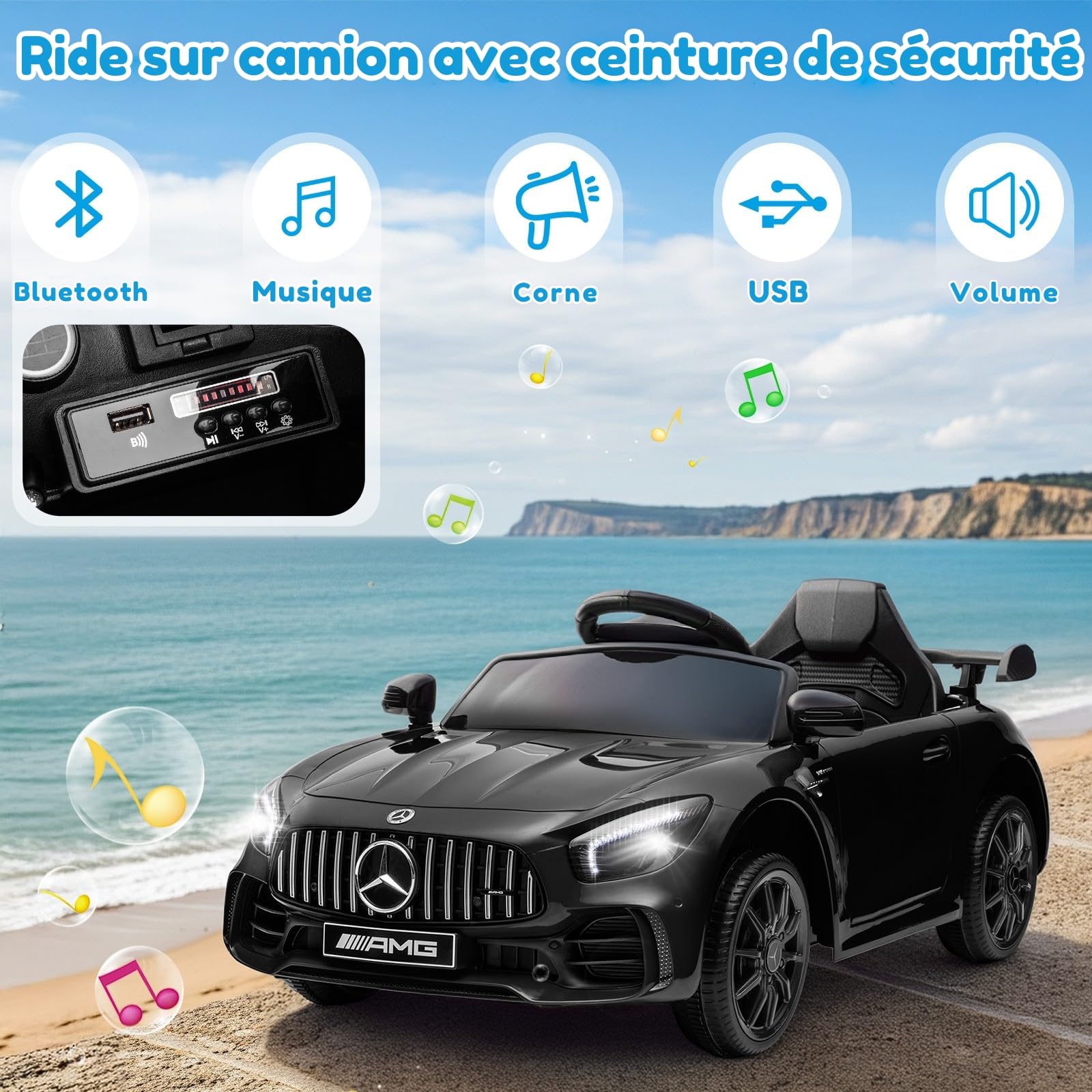 LALAHO Voiture électrique pour Enfants Mercedes GTR，Véhicule Electrique Enfant 3 à 6 Ans avec Télécommande 2.4G，2 Portes avec MP3 (Noir)