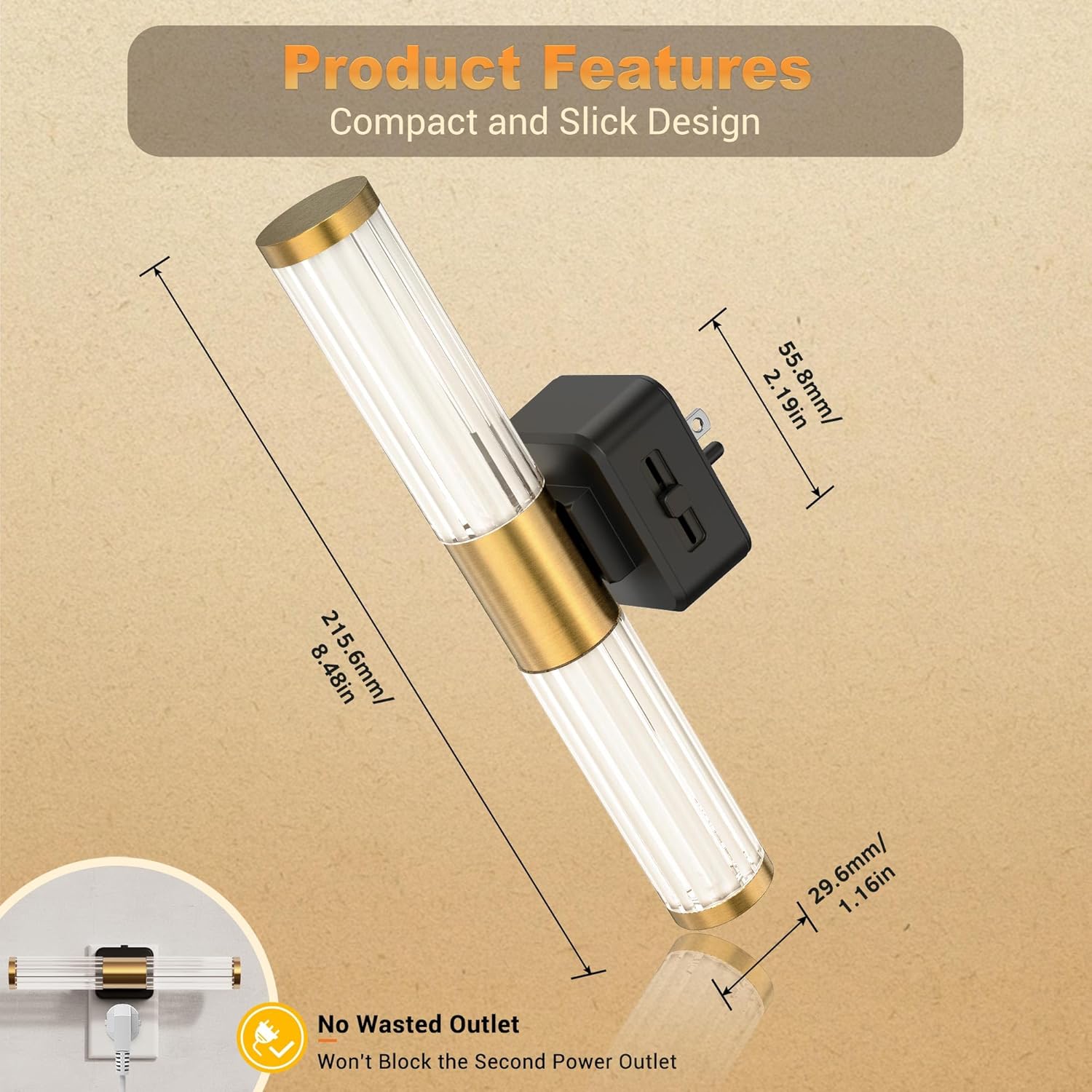 JandCase Night Light, Night Lights Plug into Wall, Soft White 3000K, 0-100LM Dimmable Night Light, Vanity Light Bar for Hallway, Bathroom, Rooms