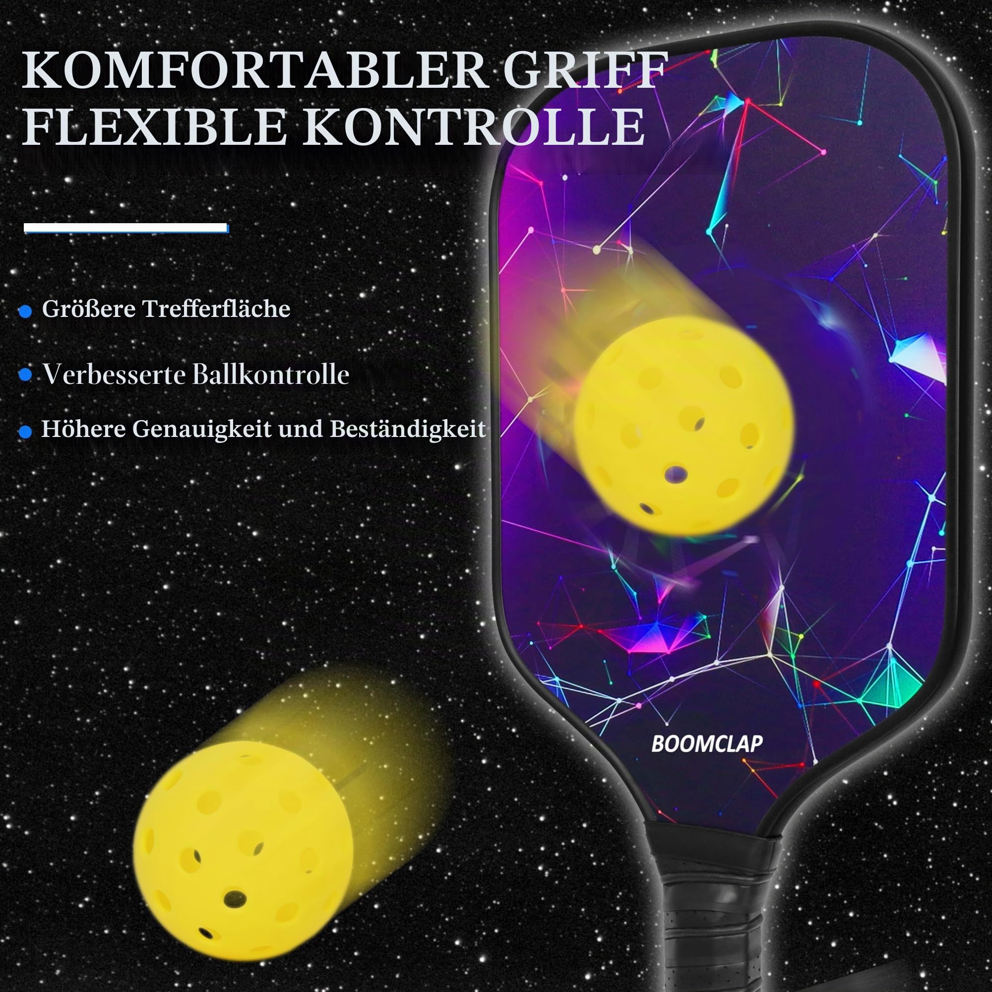 BOOMCLAP Pickleball-Paddel 2er-Set – Fiberglas-Oberfläche, komplett mit 2 Schlägern, 4 Bällen und tragbarer Tragetasche – ideal für Männer und Frauen