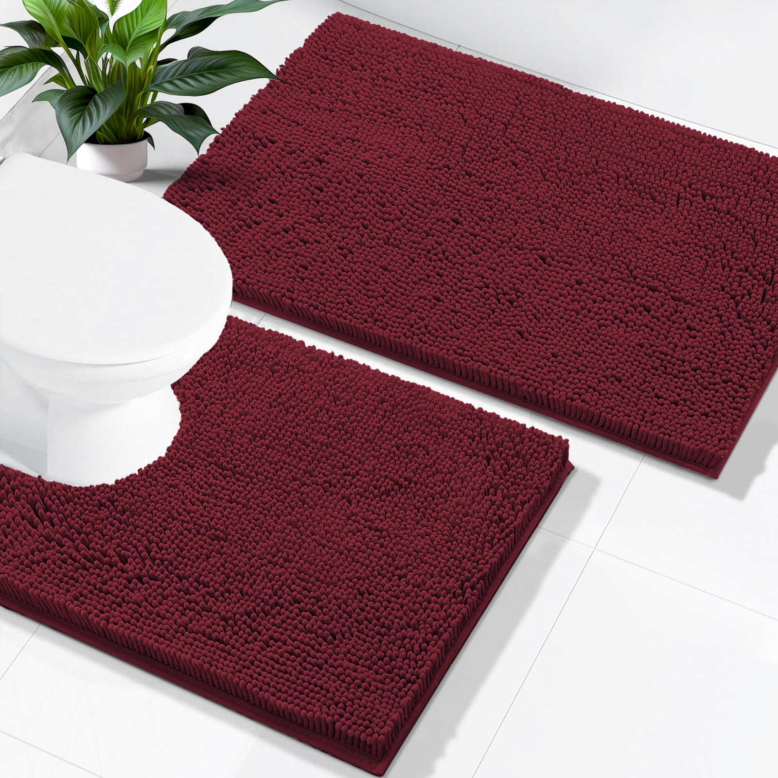Smiry Chenille Bathroom Rugs Sets 2 Piece (24x16+ U Shape 24x20, Burgundy)