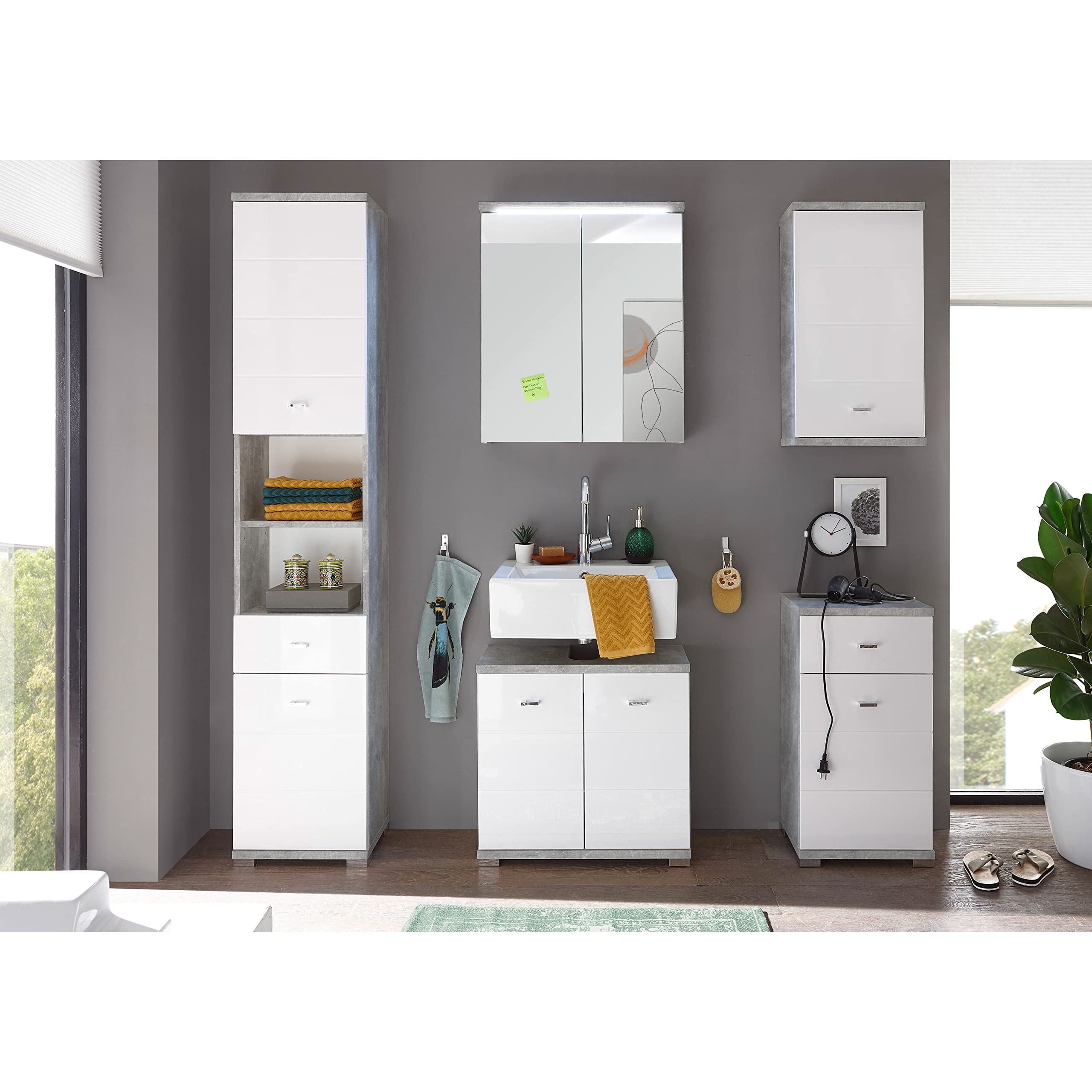 Stella Trading Badezimmer Waschbeckenunterschrank in Beton Optik, Weiß - Moderner Bad Unterschrank Badezimmerschrank mit viel Stauraum - 60 x 52 x 30 cm (B/H/T) | Moderner Badunterschrank mit weißer Hochglanz Front, 2 Türen, 1 Boden, Stauraum für Badutens