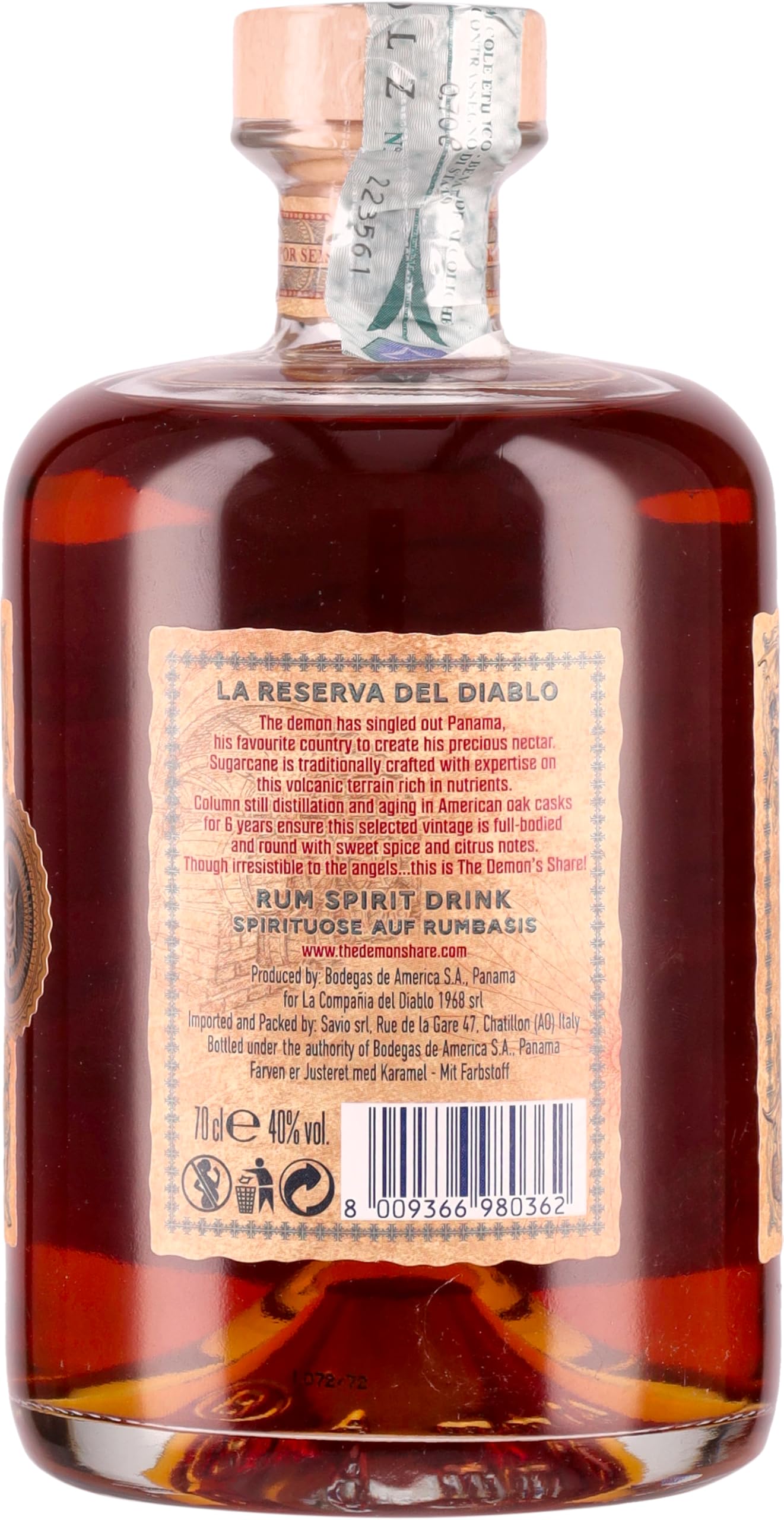 The Demon's Share Rum, 700ml, Note Vanigliate, Speziate e di Cuoio, Rum Scuro Artigianale di Panama, Invecchiato 6 Anni in Botti di ex Bourbon Americano, Confezione Regalo con Astuccio, 40% Vol.