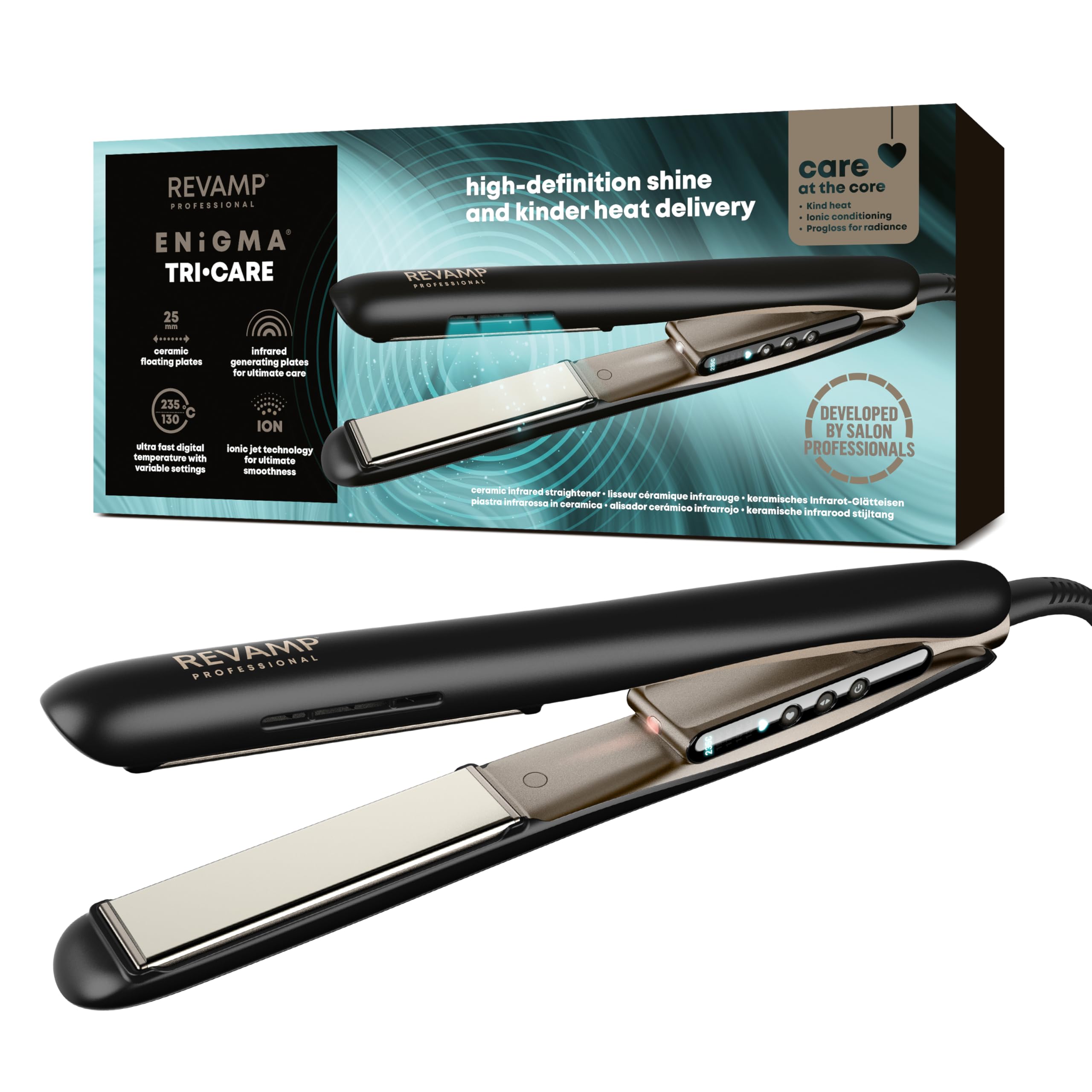 REVAMP Enigma Tri Care Plancha de Pelo Infrarroja - Iónica | Placas de Cerámica Infrarroja, Aceites Progloss, Protección y Cuidado del Cabello, Antiencrespamiento