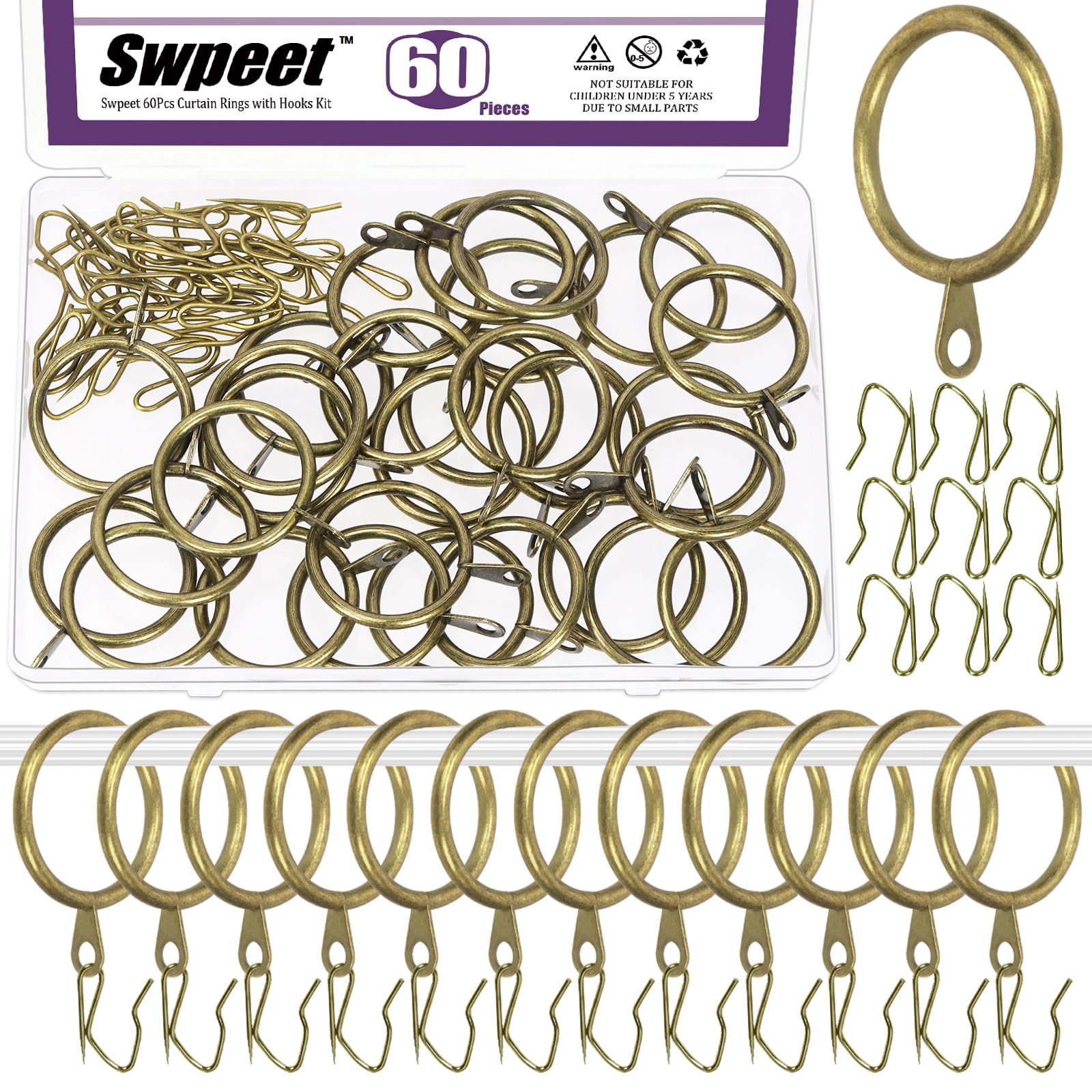 Swpeet 60Pcs 32mm/1.3" Inner Diameter Bronze Metal Curtain Ring with Pin-on Drapery Hooks Assortment Kit, Drape Sliding Eyelet Ring Metal Curtain Hooks, for Window Door Shower Curtains