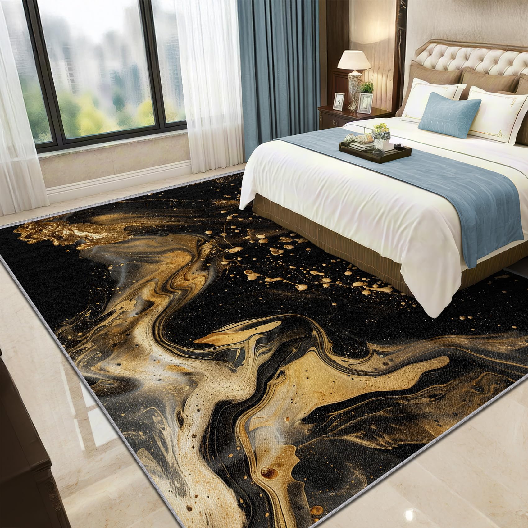 Marmor Teppich 200x200 cm, Abstrakt Luxus Kunst Waschbarer Teppiche Wohnzimmer, Schwarz Gold rutschfest Antirutsch Groß Teppiche Für Esszimmer, Quadratisch, Schwarz Gold