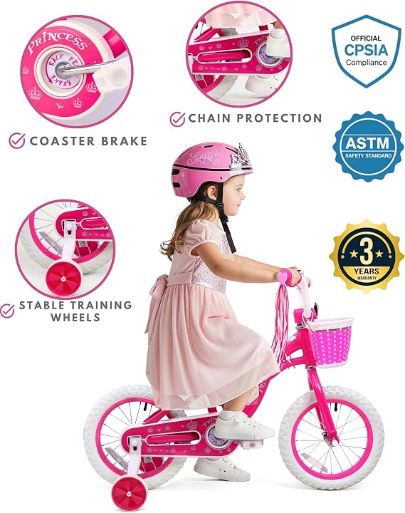 bicystar Princess Girls Bike 12-18 Inch with Training Wheels, Ages 2-8 Pink