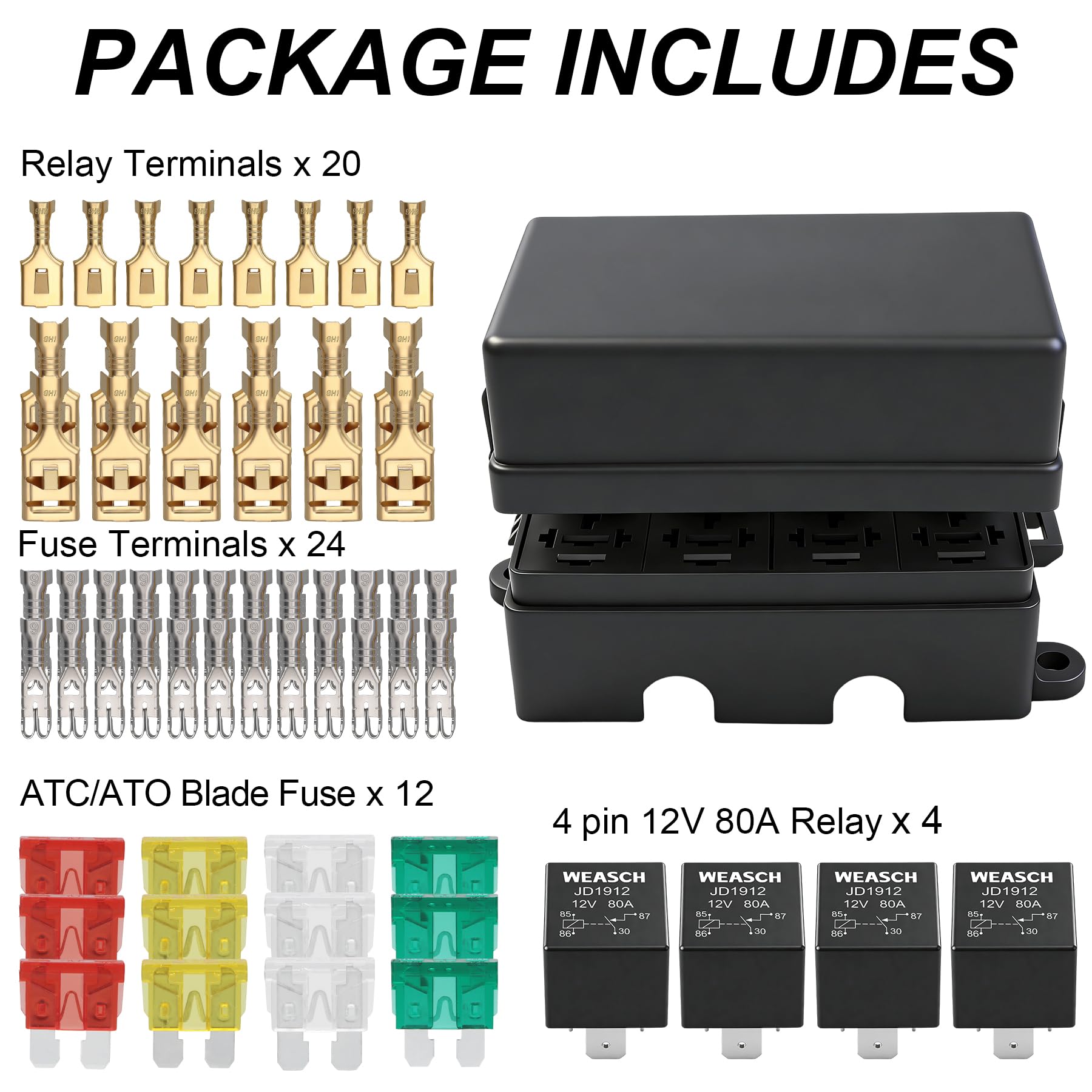 Scatola di fusibili e relè 12 V, relè 4 x 4 poli 80A e 12 fusibili ATC/ATO, per auto, camion e jeep