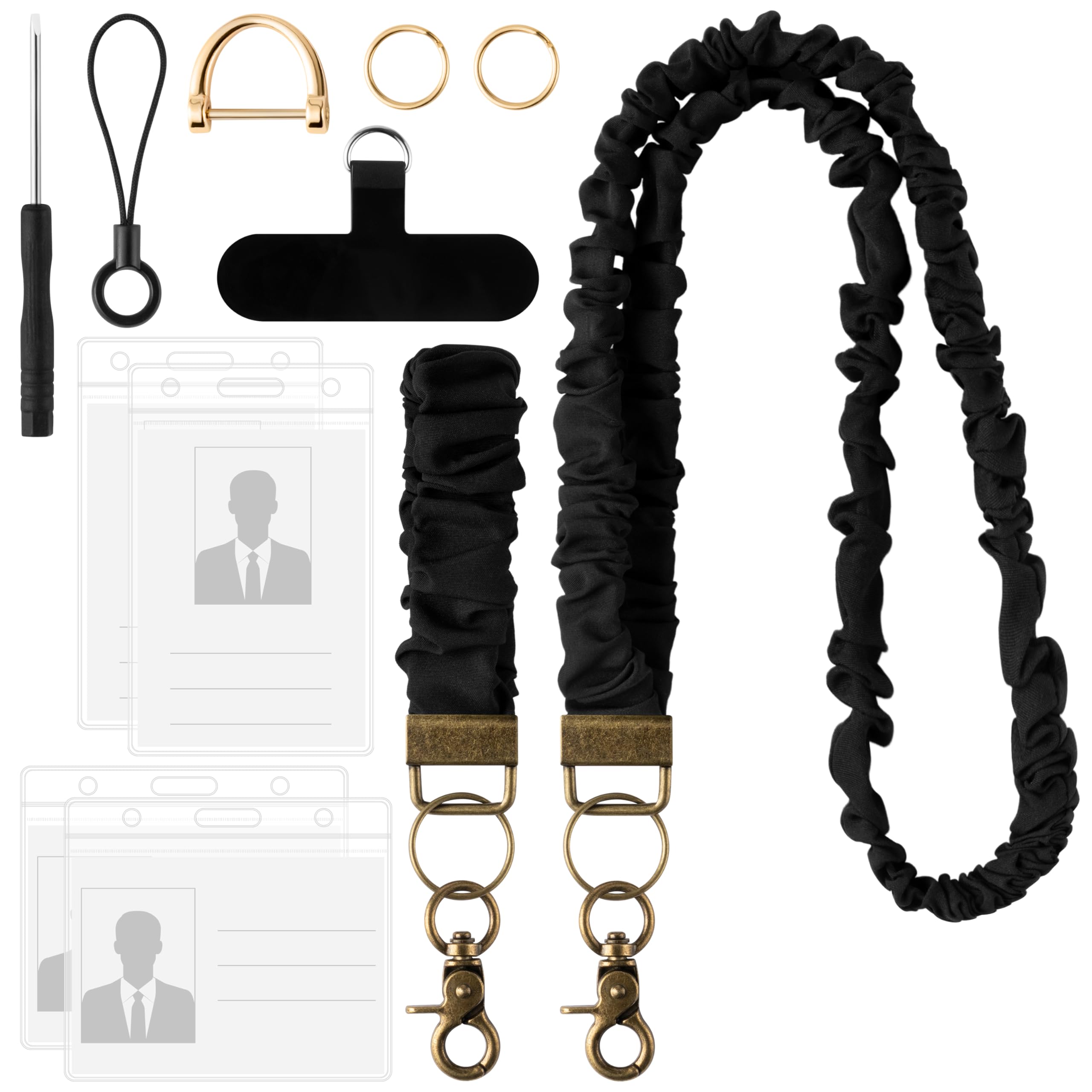 GwaOery Retractable Lanyard Neck Strap with Card Badge Holders Adjustable Key Ring Neck Lanyard & Wrist Strap Wristlet Keychain Holder for Business Office School (Black)