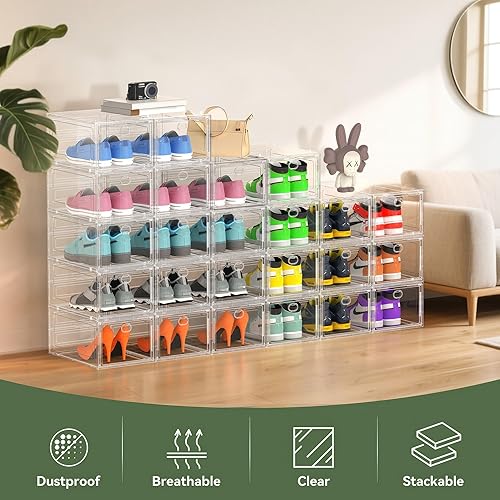 Miniatura 2 de Paquete de 12 organizadores grandes de zapatos duros para talla 14, organizador modular de plástico transparente apilable para zapatos, caja de
